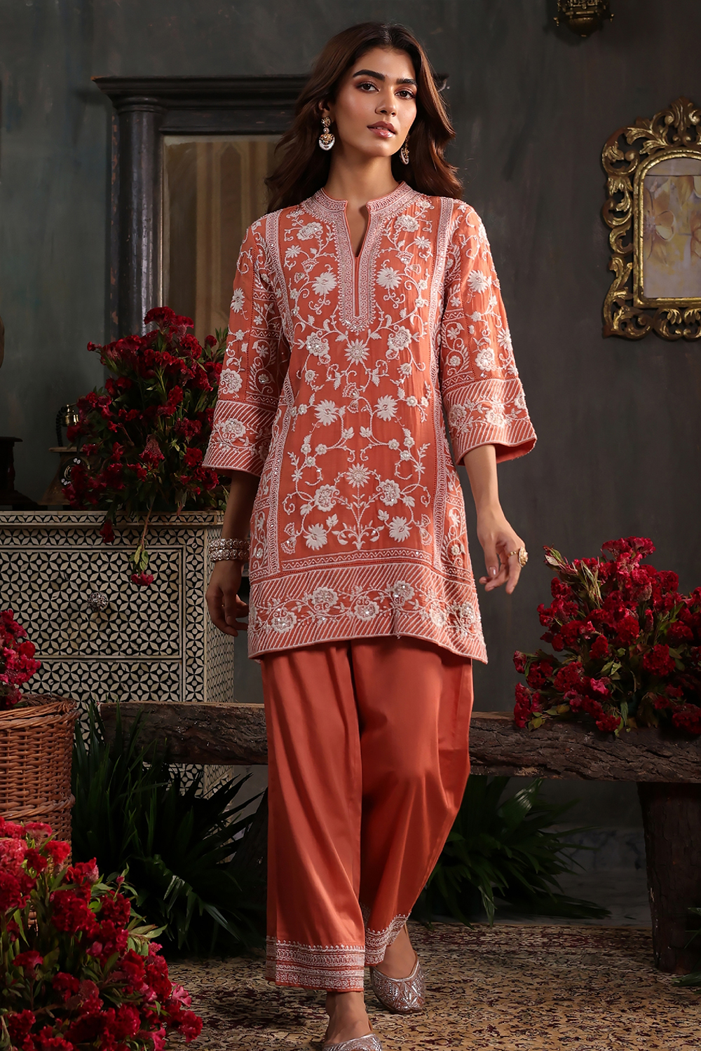Earthy Blue Chanderi Embroidered Straight Suit Set image number 0
