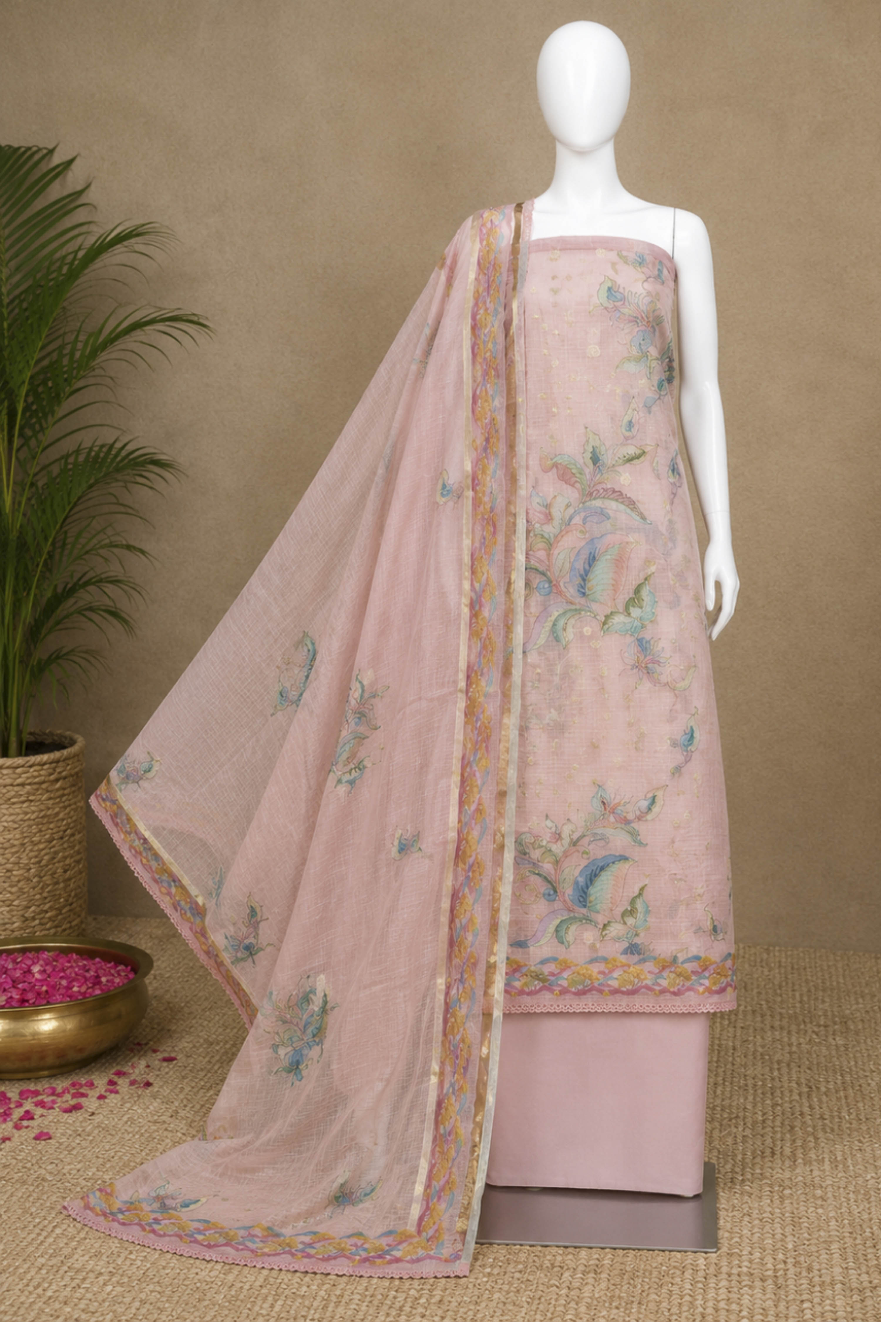 Peach Cotton Printed Unstitched Suit Set image number 4