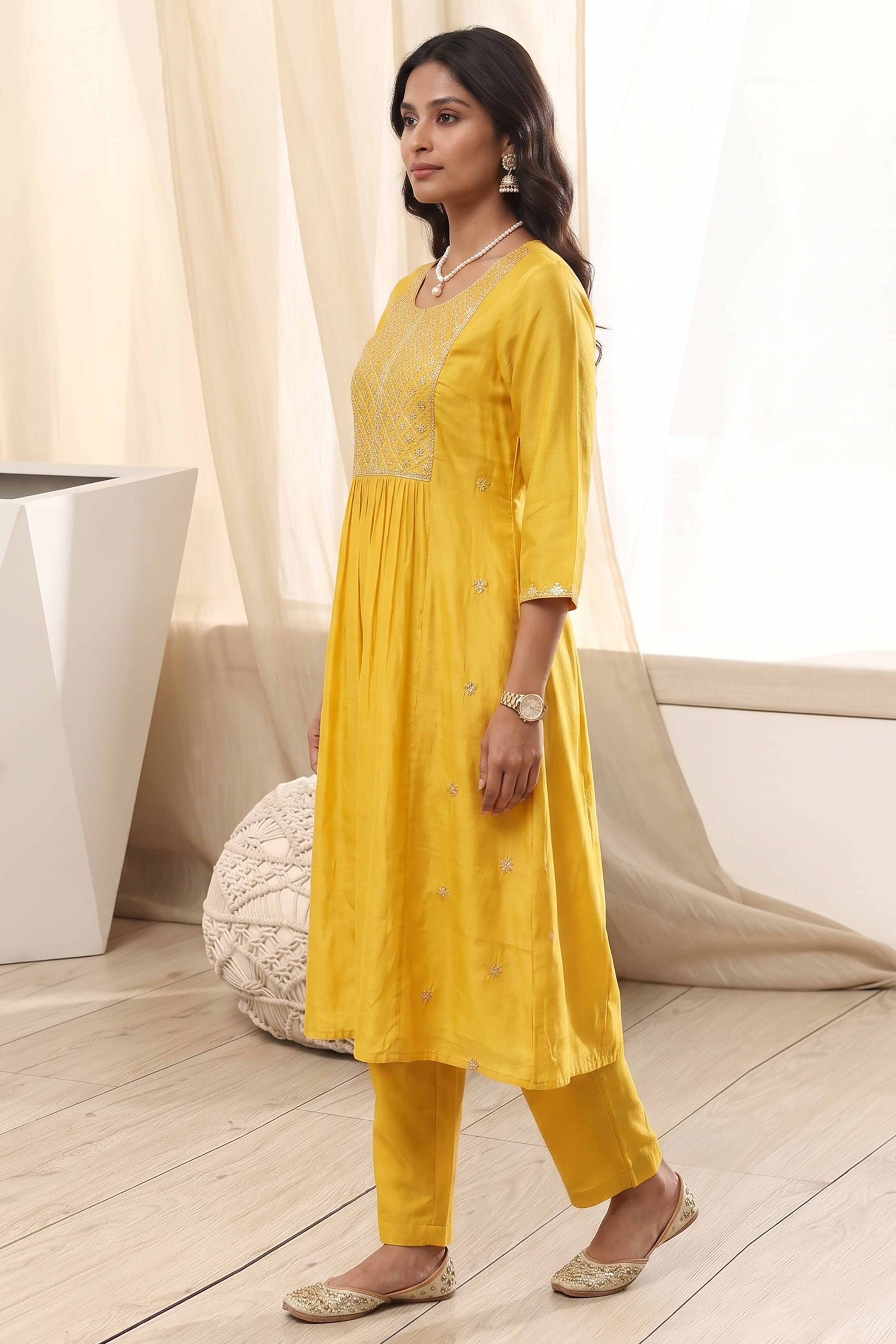 Yellow Polyester A Line Kurta image number 2