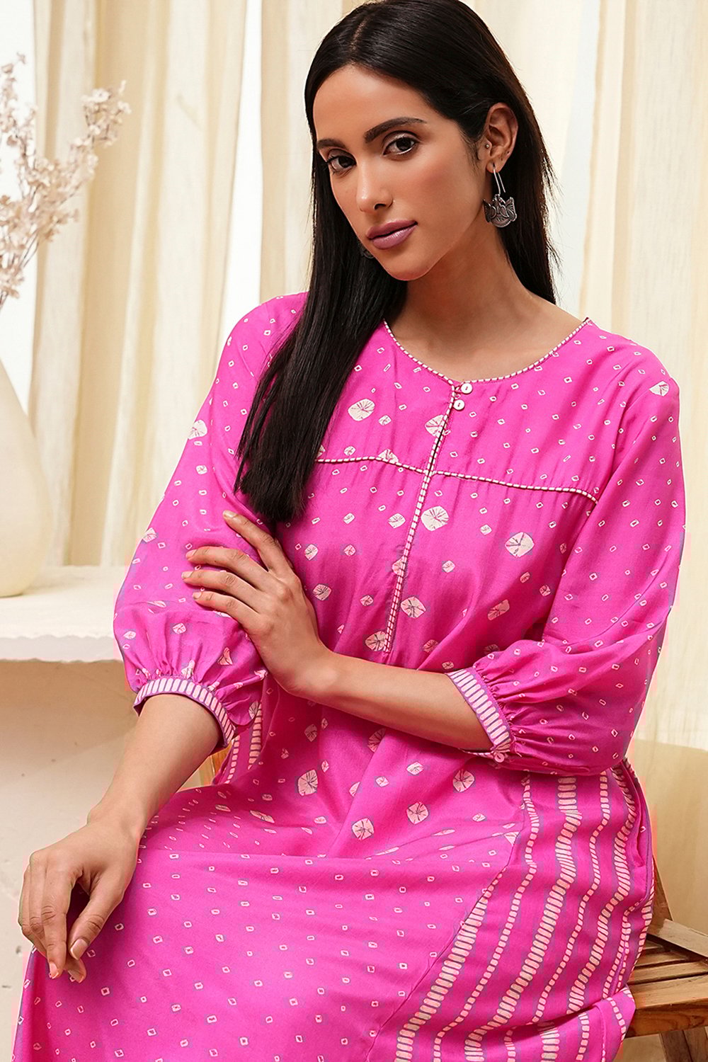 Pink Modal Blend A-Line Printed Kurta image number 5