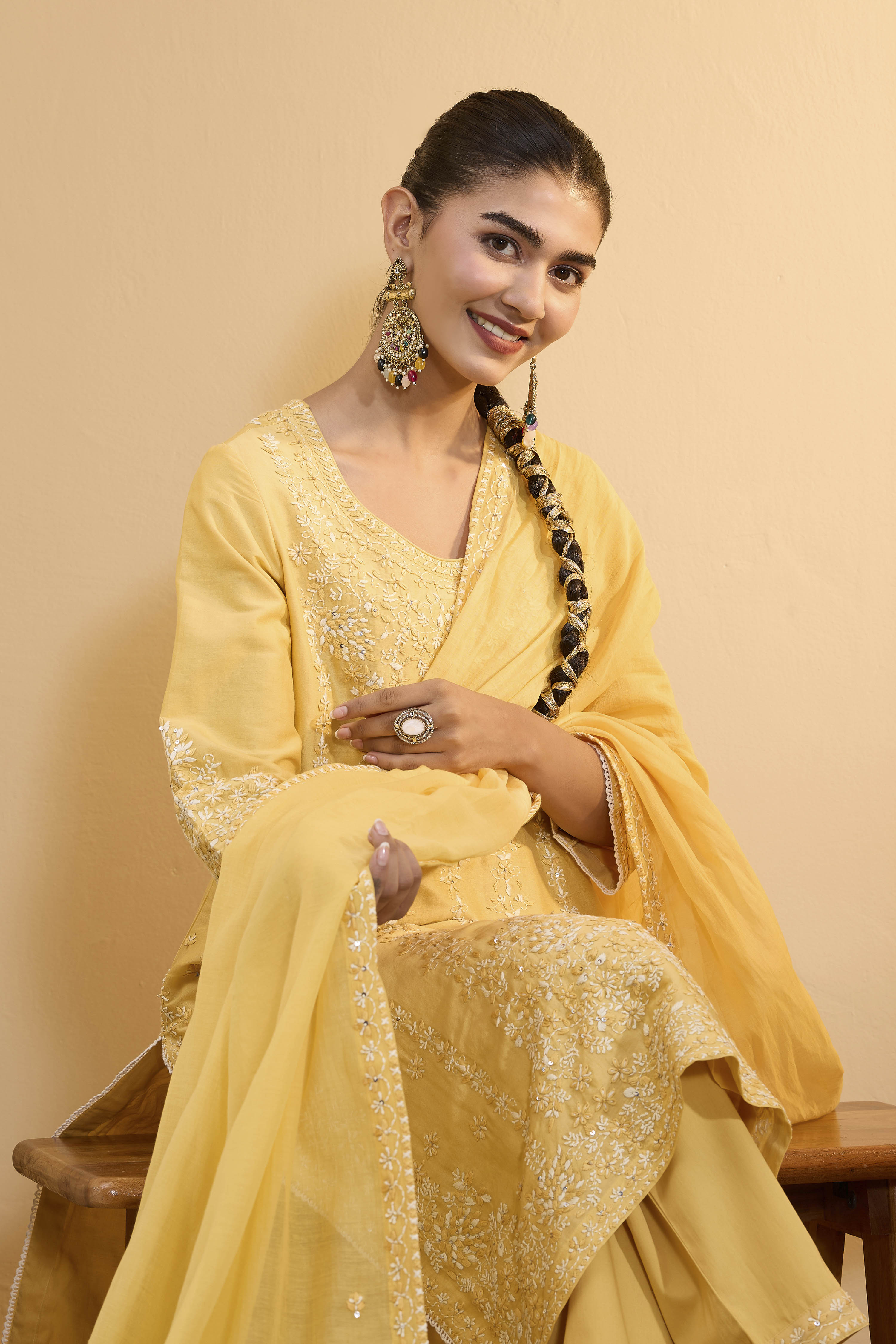 Yellow Silk Chanderi Straight Suit Set image number 1
