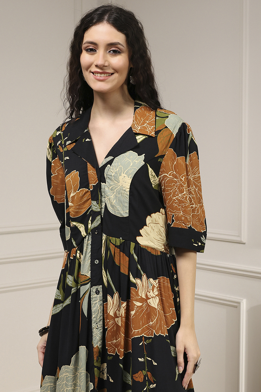 Black Viscose Rayon Straight Printed Dress image number 1