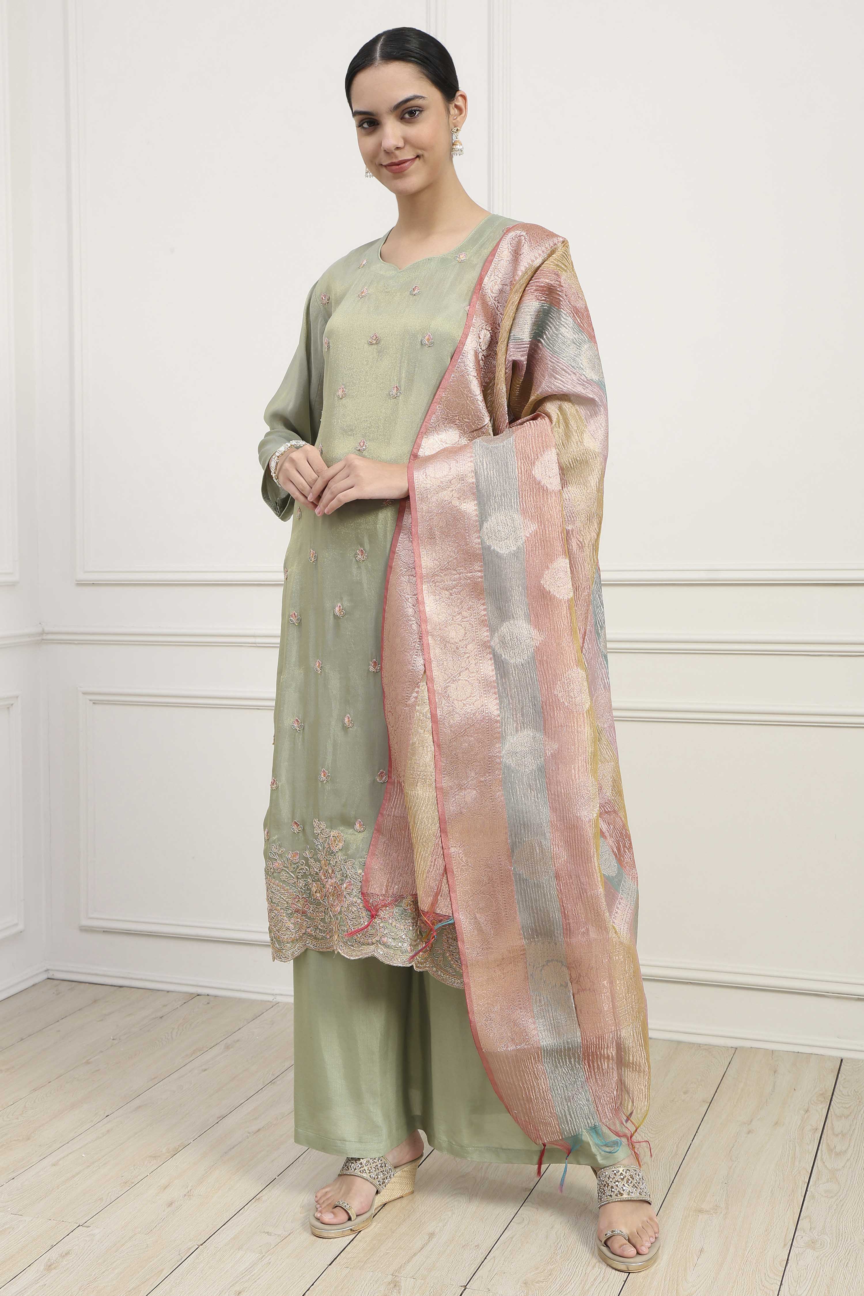 Pista Green Silk Blend Machine Embroidered Unstitched Suit Set image number 1