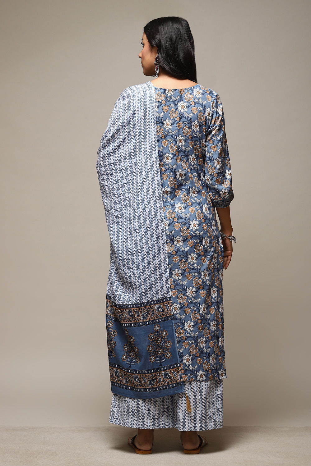 Indigo Cotton Hand Block Print Unstitched Suit Set image number 13