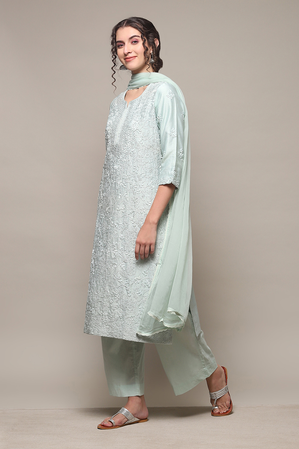 Sea Green Cotton Silk Straight Kurta Palazzo Suit Set image number 5