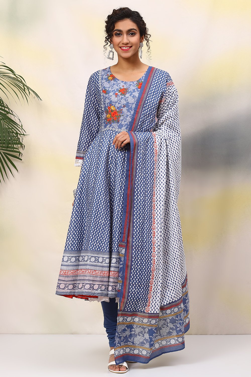 White And Pink Cotton Anarkali Kurta Churidar Suit Set image number 0