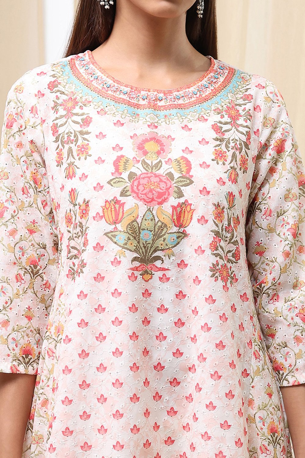 Off-White and Blue Cotton Floral Kalidar Suit Set image number 1