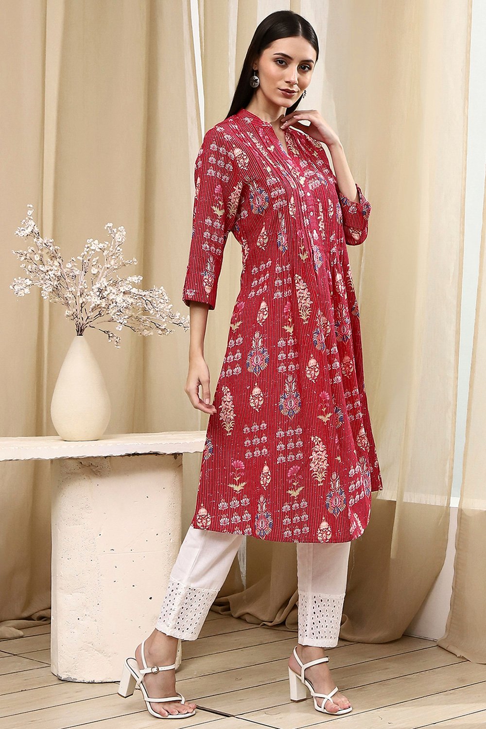 Pink Cotton Printed Straight Kurta image number 4