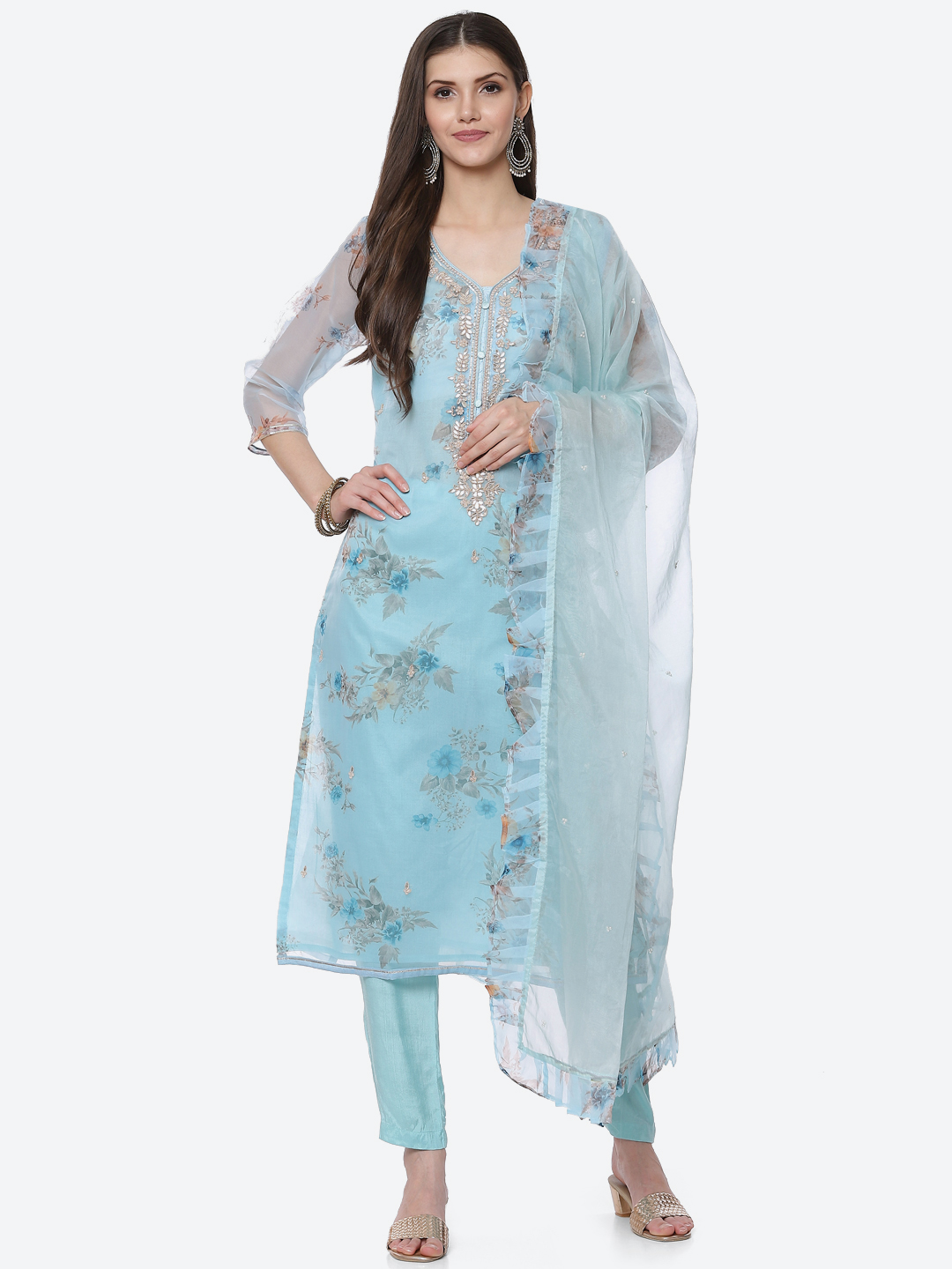 Blue Organza Unstitched Suit Set image number 0
