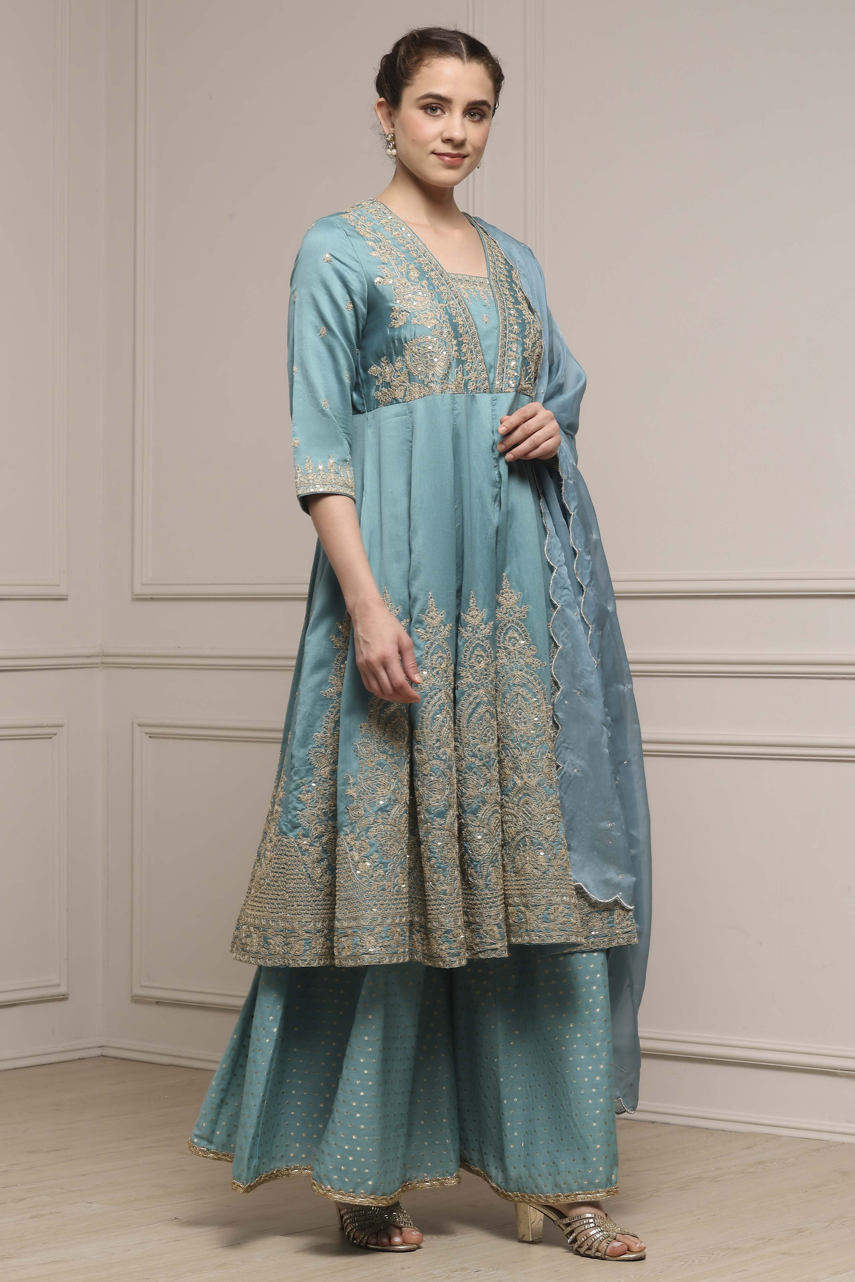 Blue Silk Chanderi Anarkali Suit Set image number 5