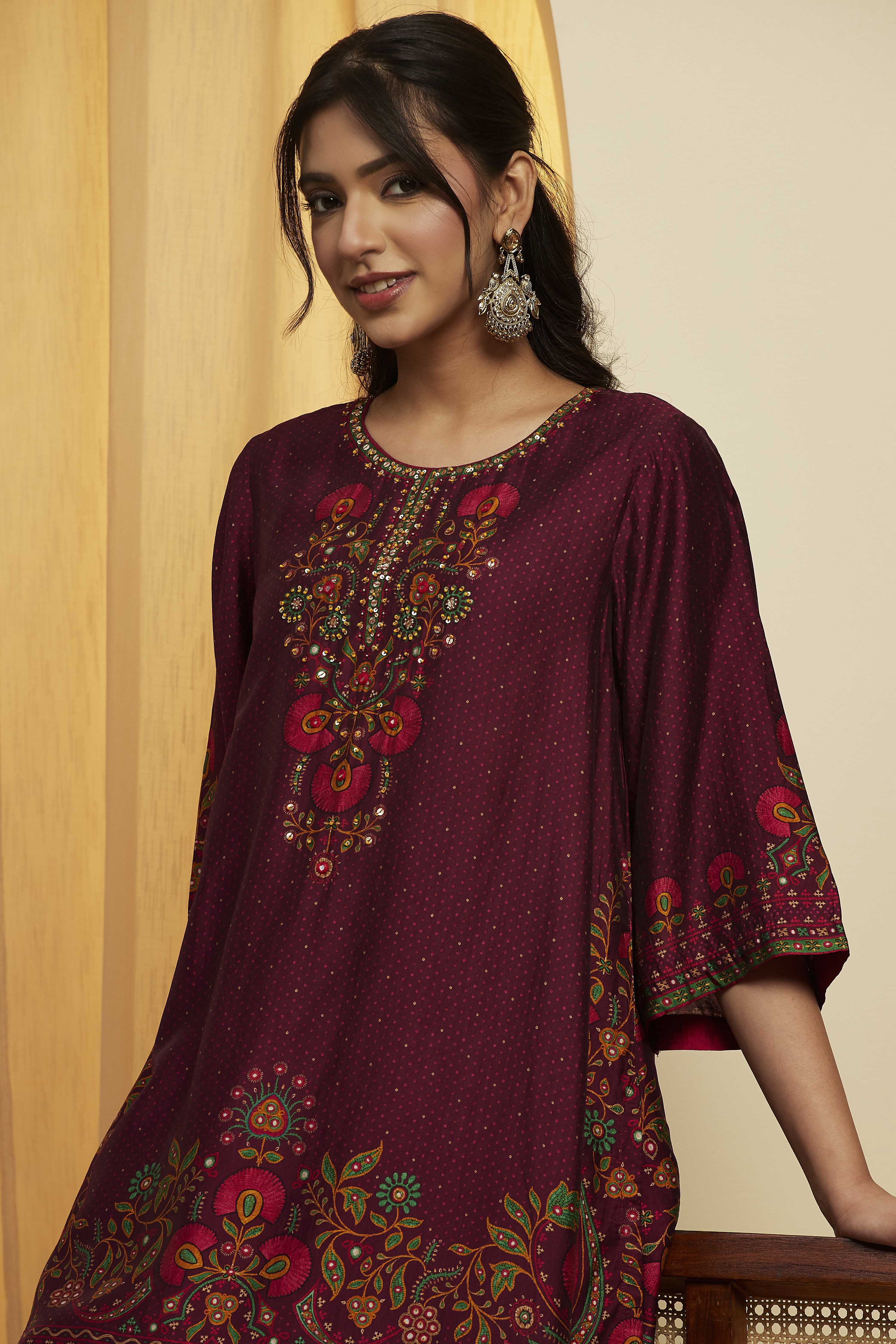Wine Silk Printed Straight Kurta Set image number 1