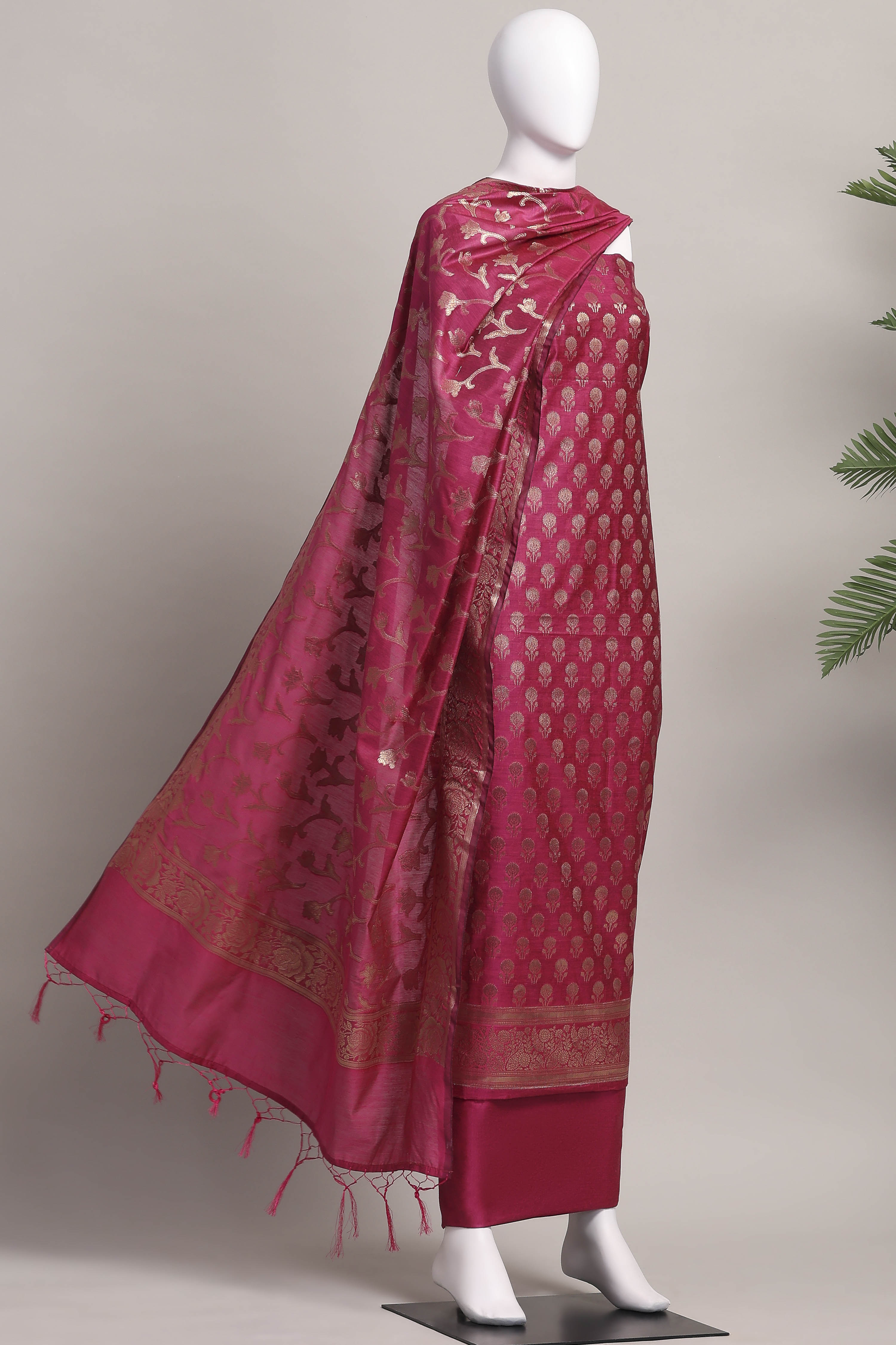 Teal Banarasi Chanderi Banarasi Print Unstitched Suit Set image number 4