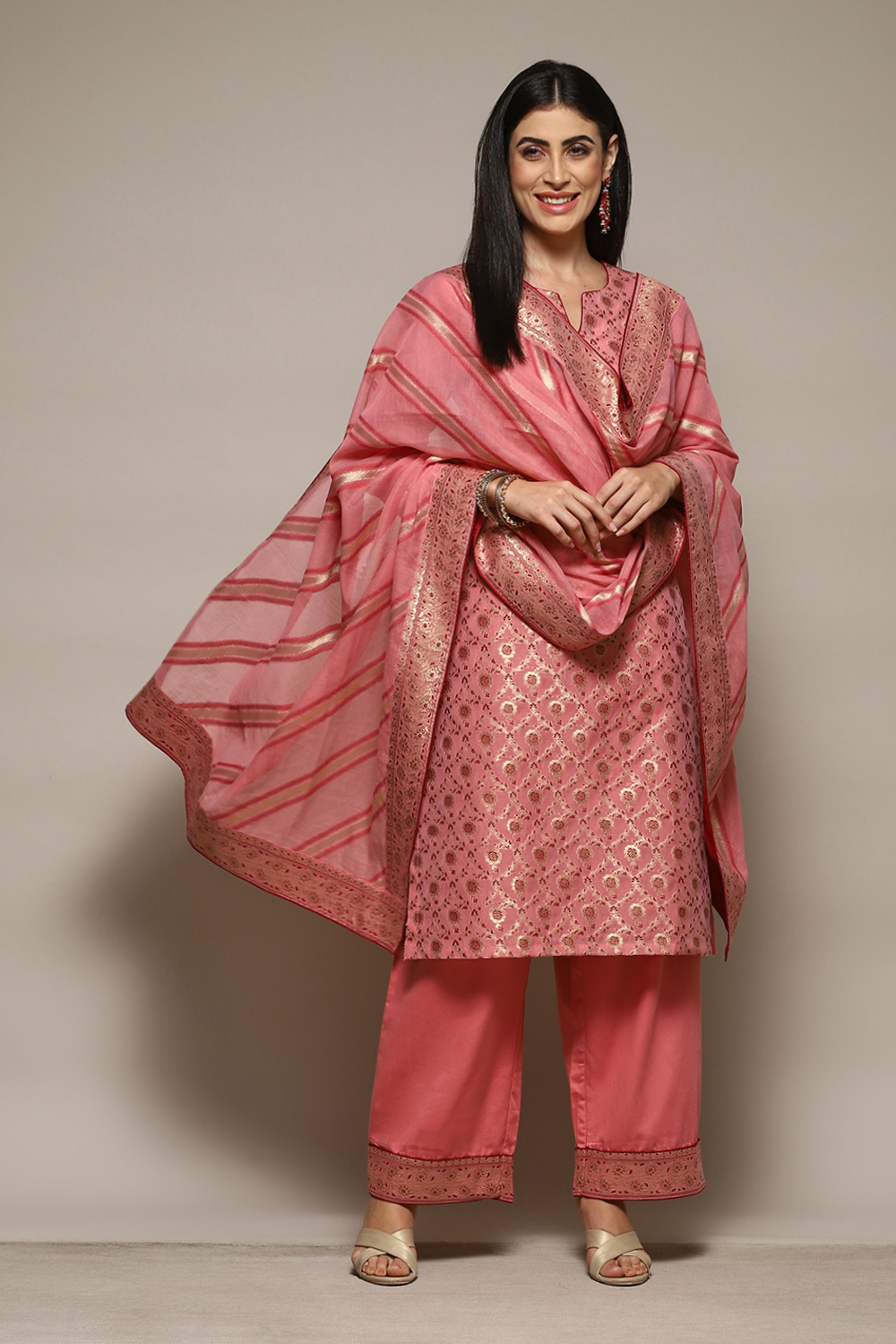 Mustard Cotton Blend Straight Yarndyed Kurta Palazzo Suit Set image number 0