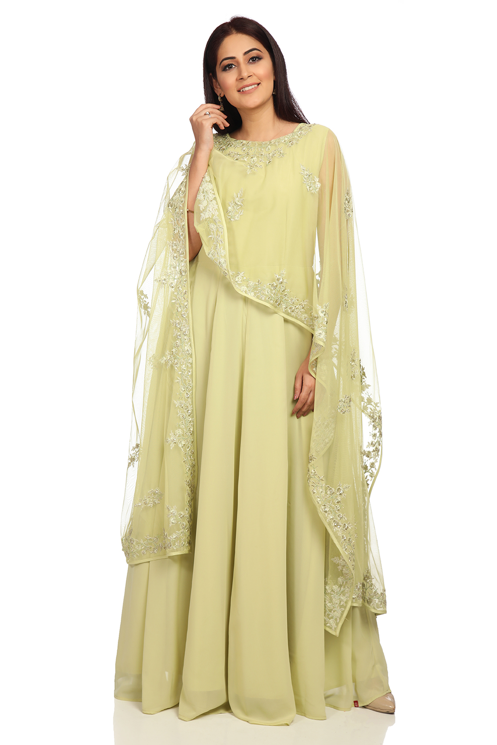 Mint Green Art Silk Cape Gown image number 3