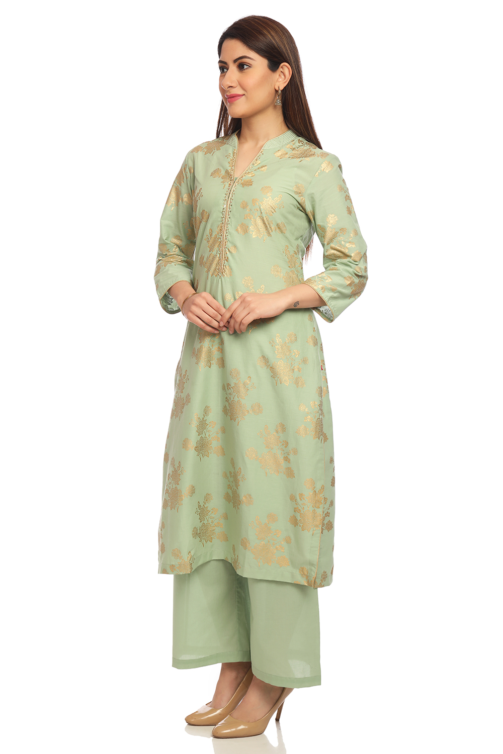 Pista Green Straight Cotton Kurta Palazzo Suit Set image number 3