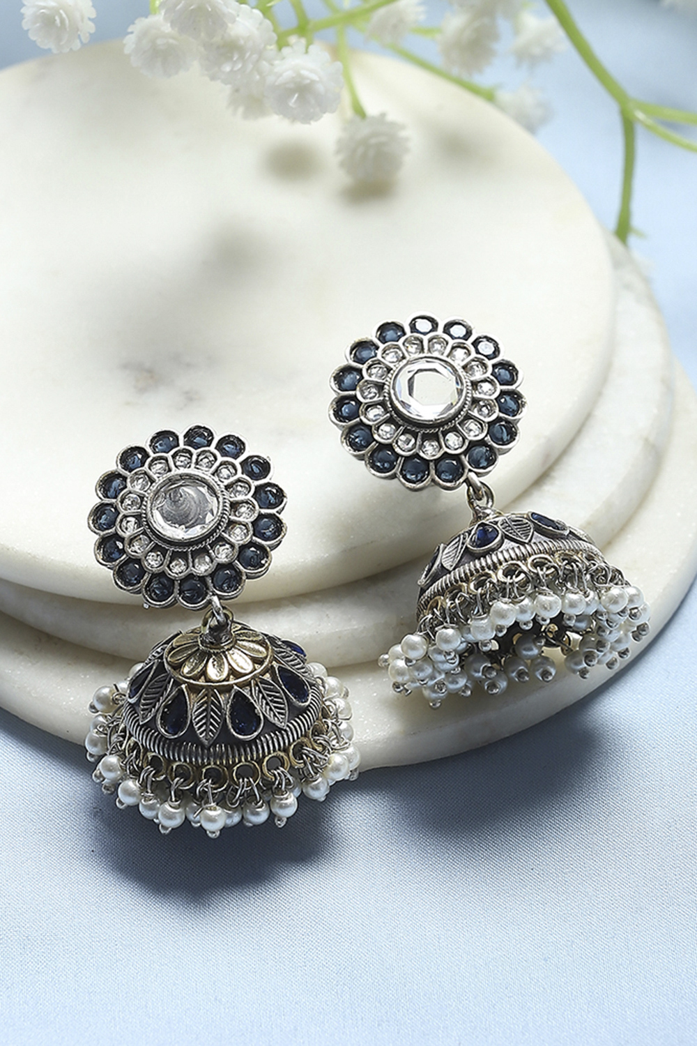Blue White Brass Jhumka image number 0