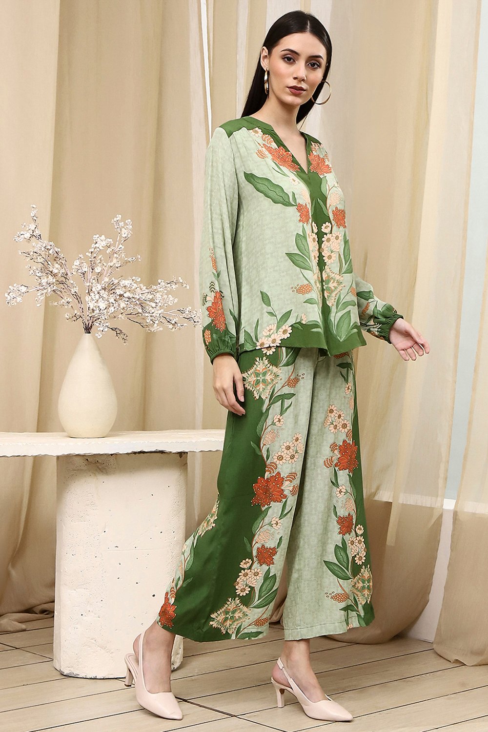 Green Viscose Blend Straight Printed Fusion Set image number 5