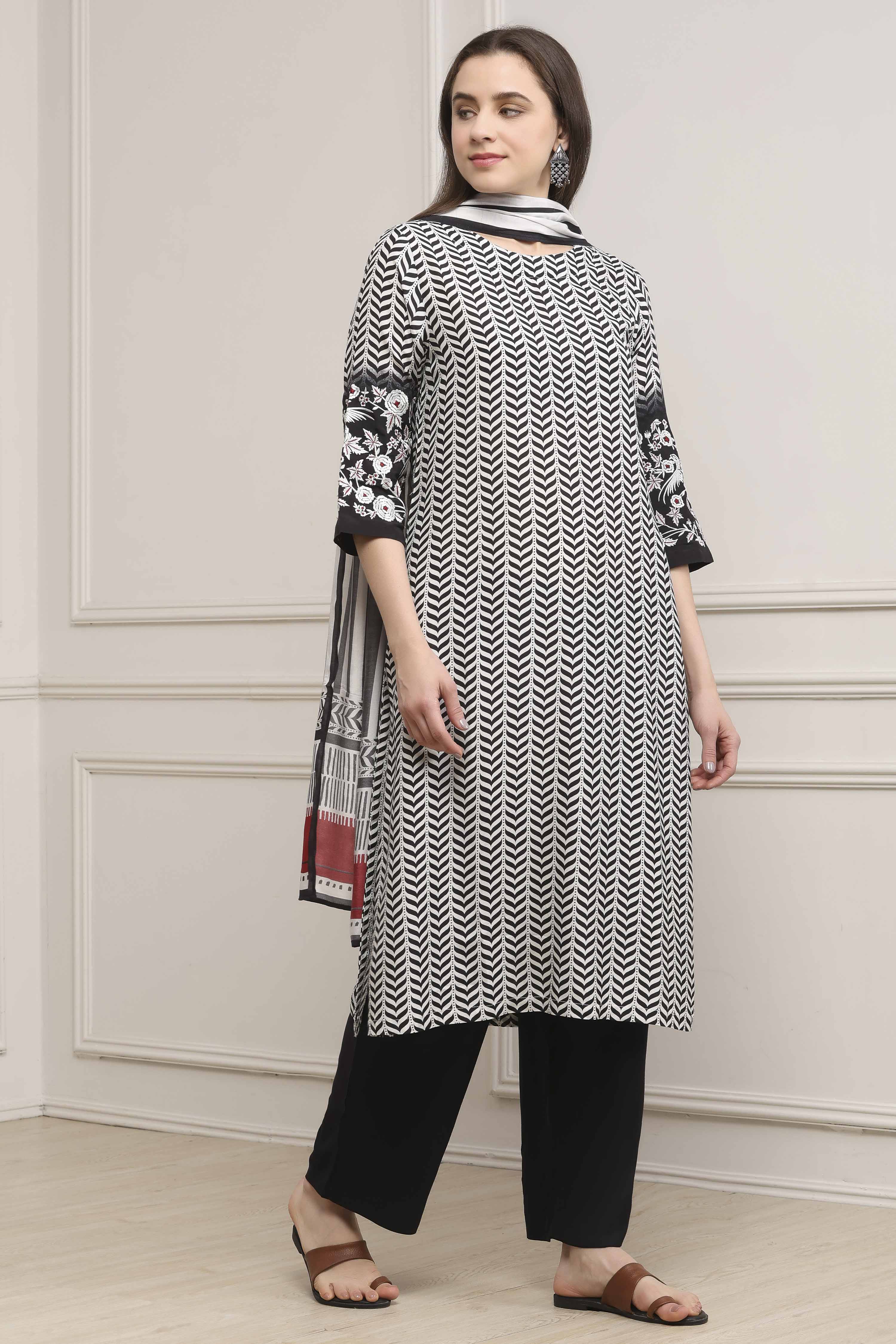 Black Modal Printed Straight Suit Set image number 5