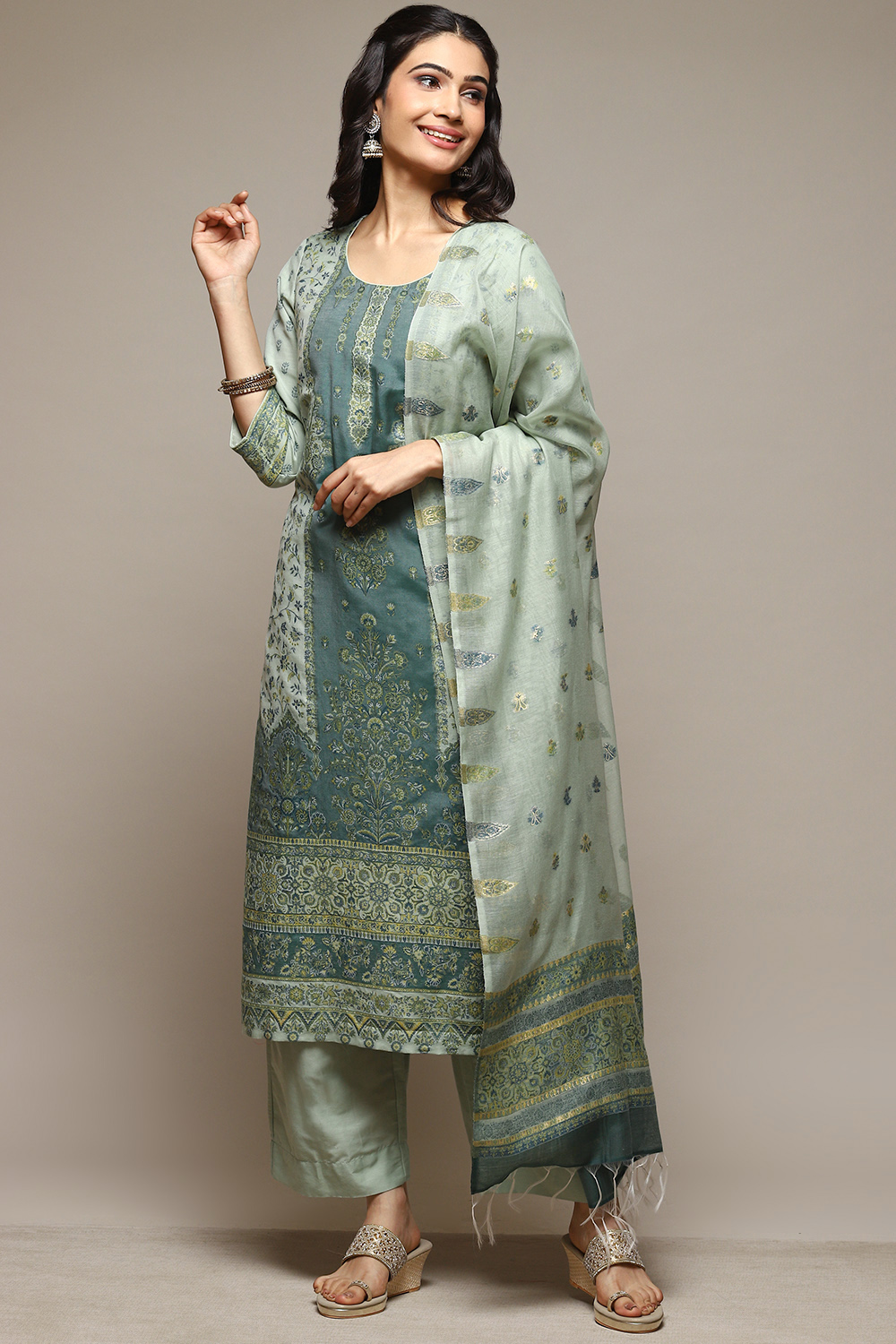 Green Cotton Blend Straight Yarndyed Kurta Suit Set image number 0