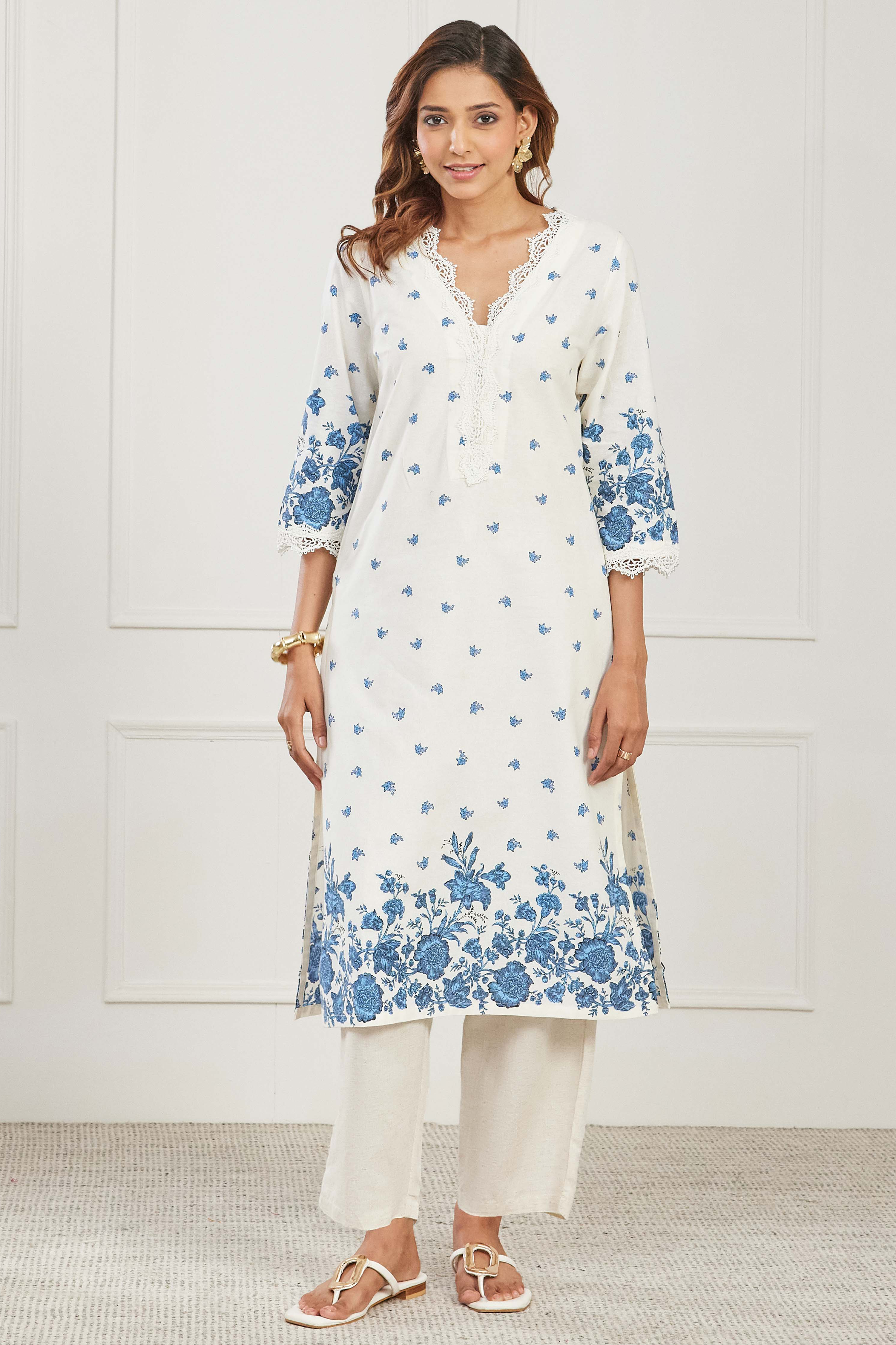 Blue Cotton Straight Kurta image number 5