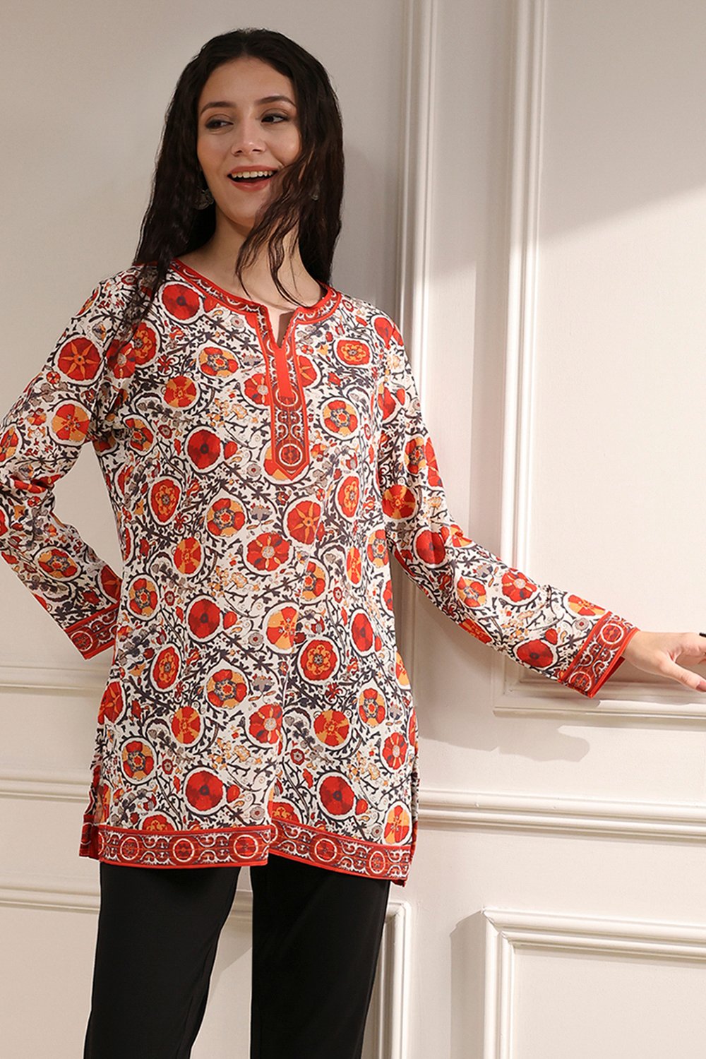 Mustard Red Polyester Straight Printed Short Kurta image number 5