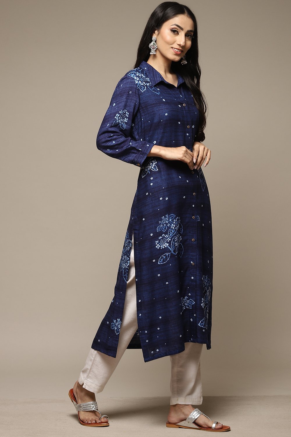 Indigo LIVA Straight Printed Kurta image number 3