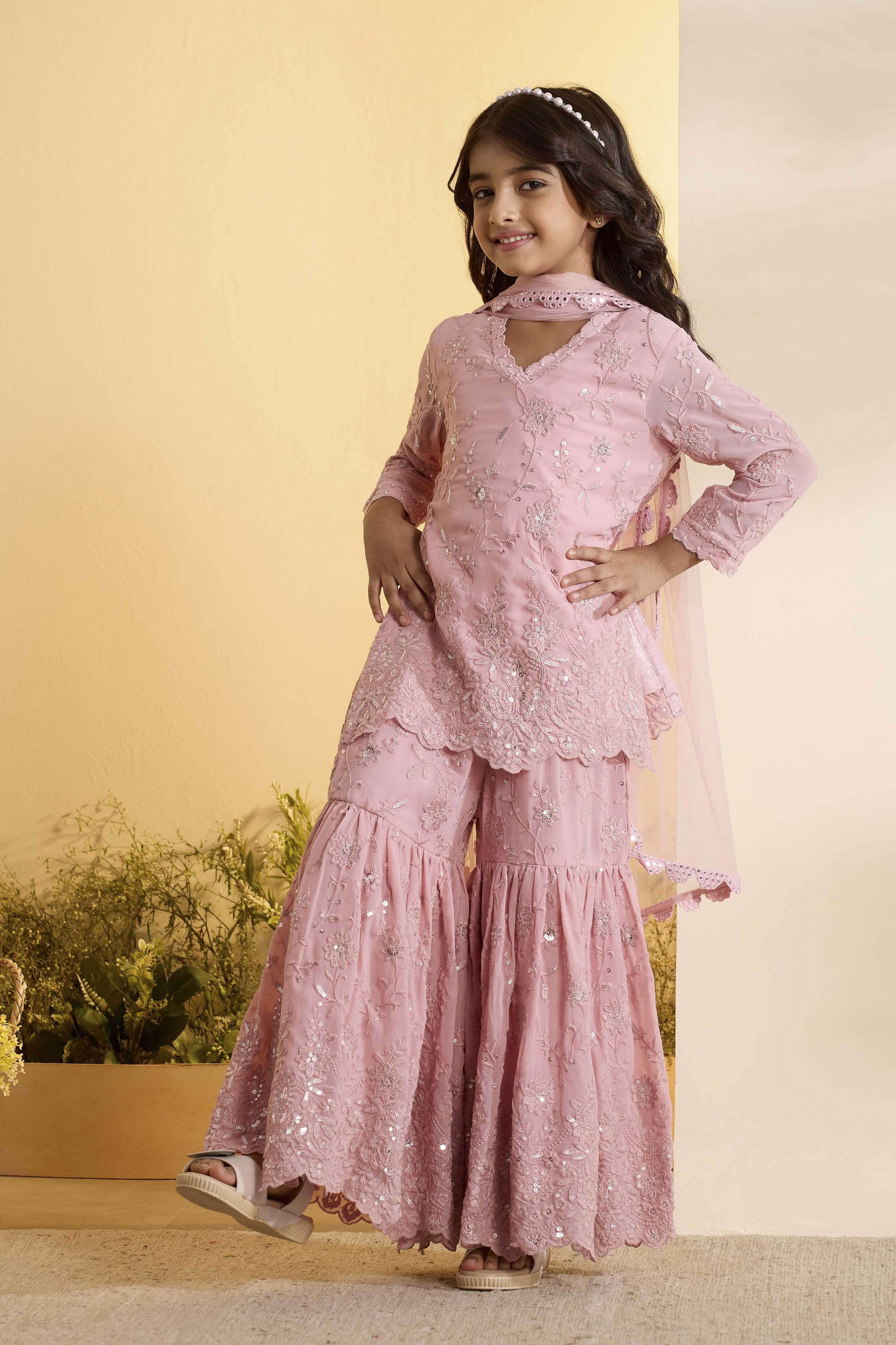 Pink Embroidered Straight Sharara Kurta Set image number 3