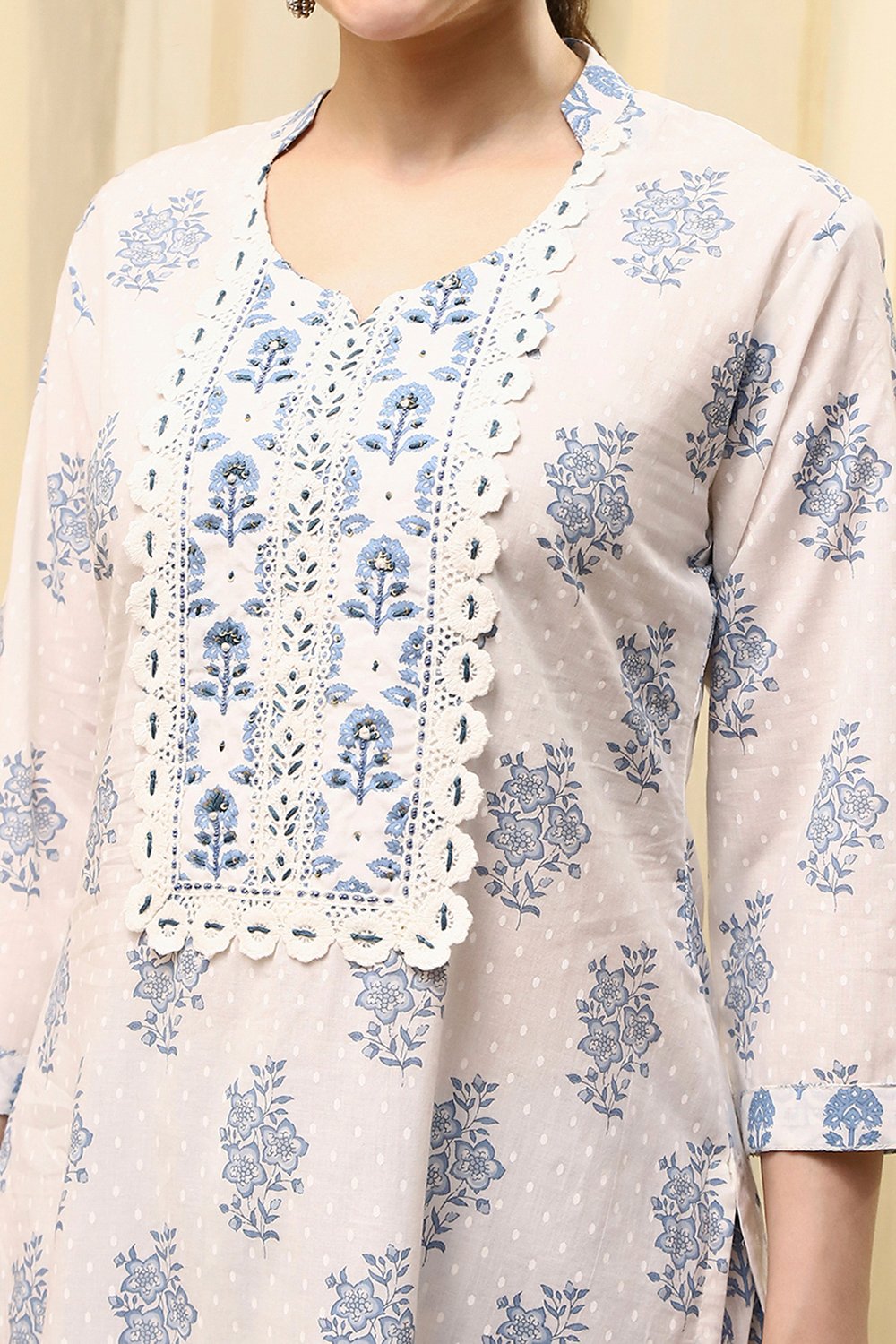 Blue Cotton Hand Embroidered Unstitched Suit Set image number 2