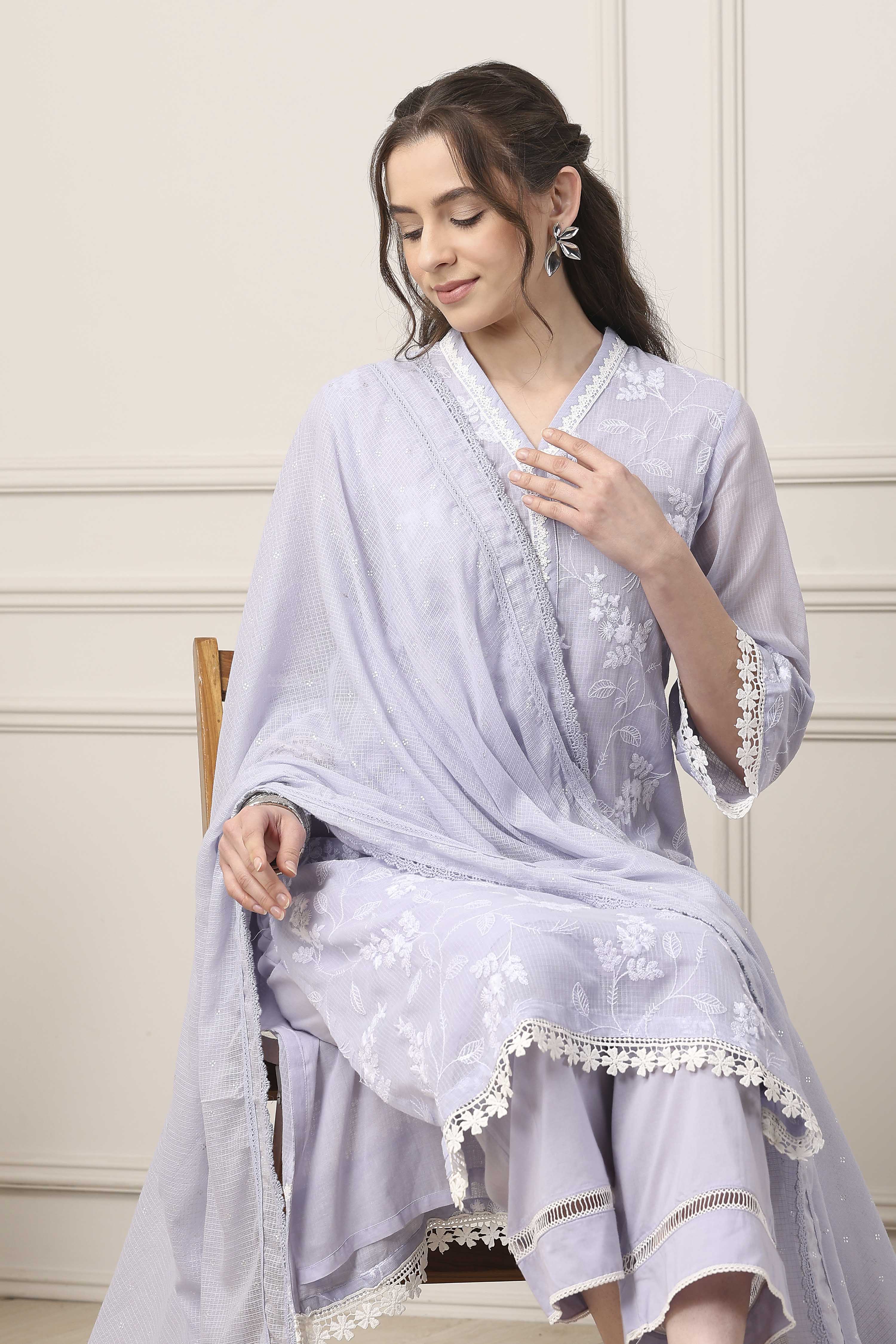 Lavender Cotton Floral Embroidered Straight Suit Set image number 6