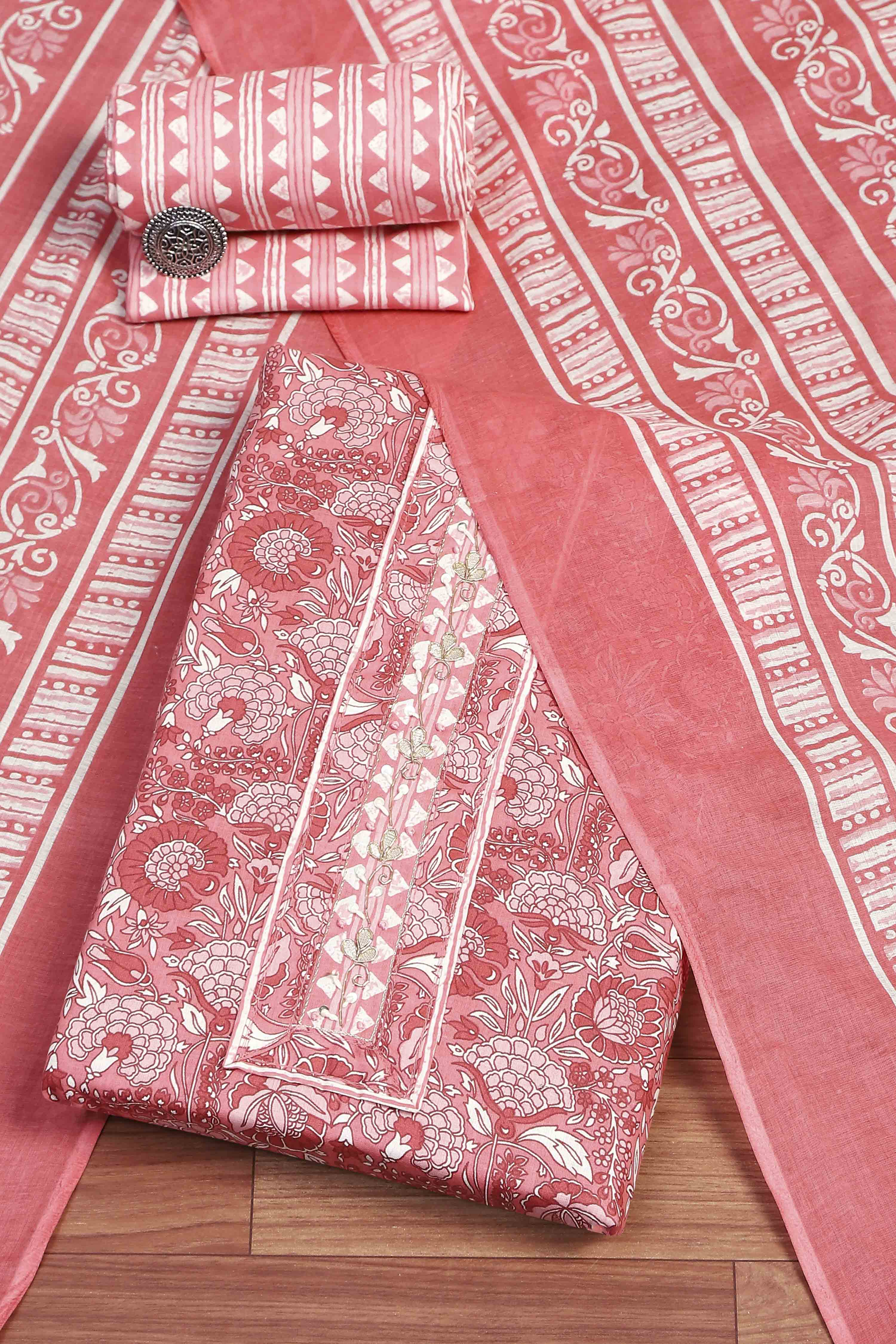 Pink Cotton Unstitched Suit Set image number 0