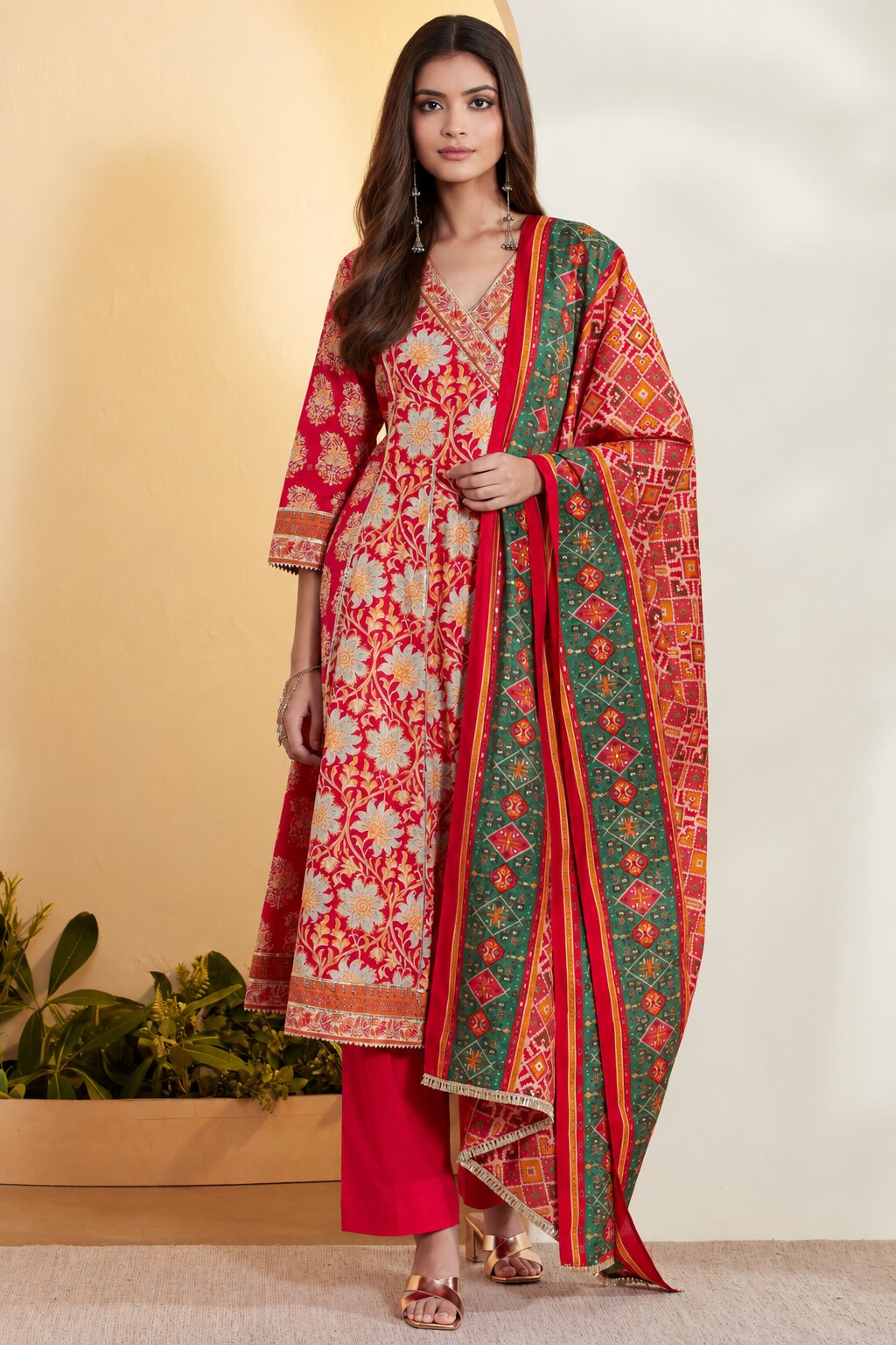 Red Cotton Floral Printed Anarkali Kurta Set image number 0