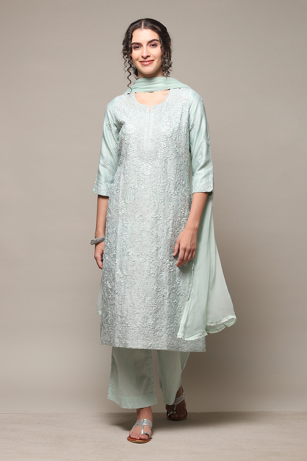 Sea Green Cotton Silk Straight Kurta Palazzo Suit Set image number 7