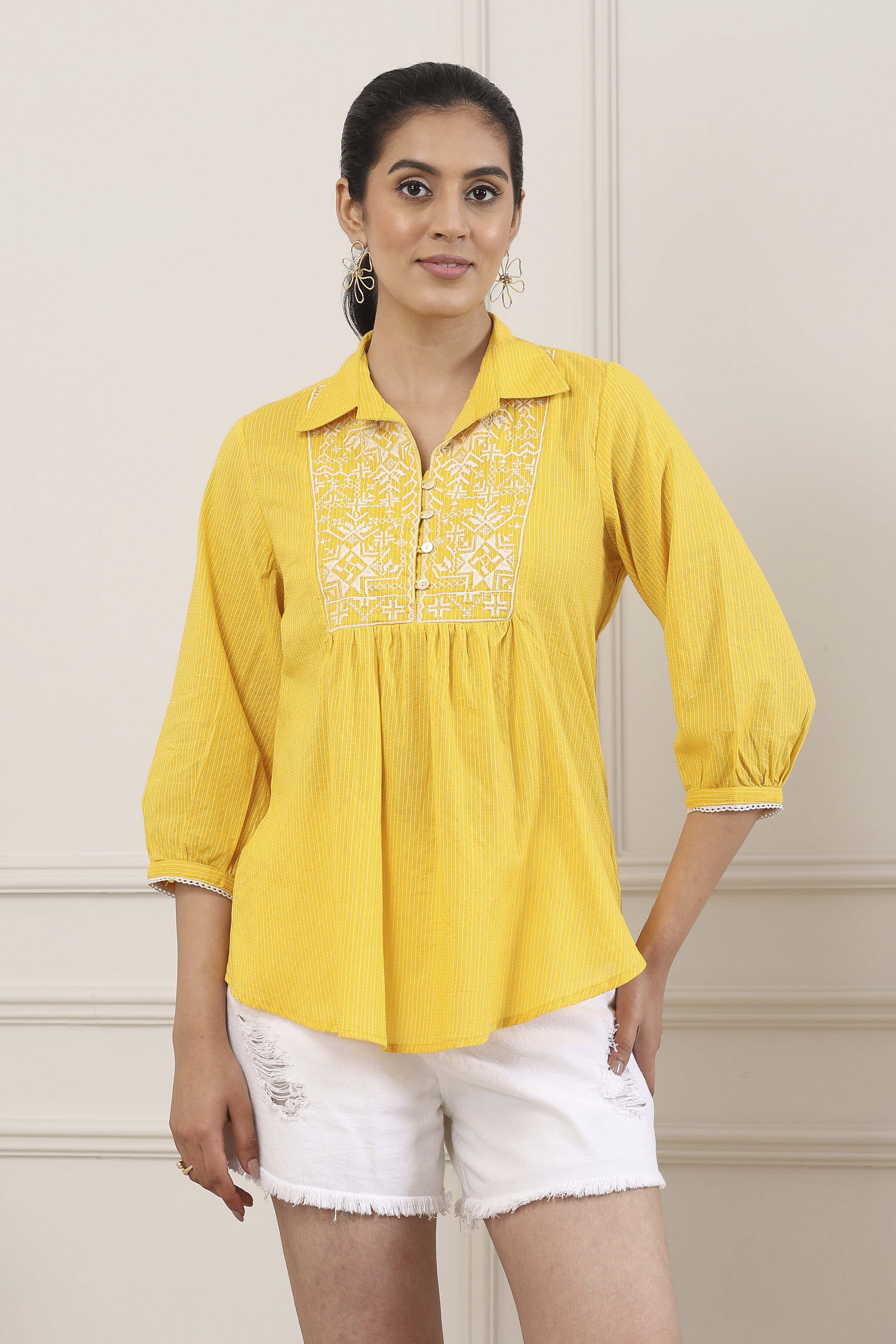 Yellow Cotton Regular Short Kurti image number 5