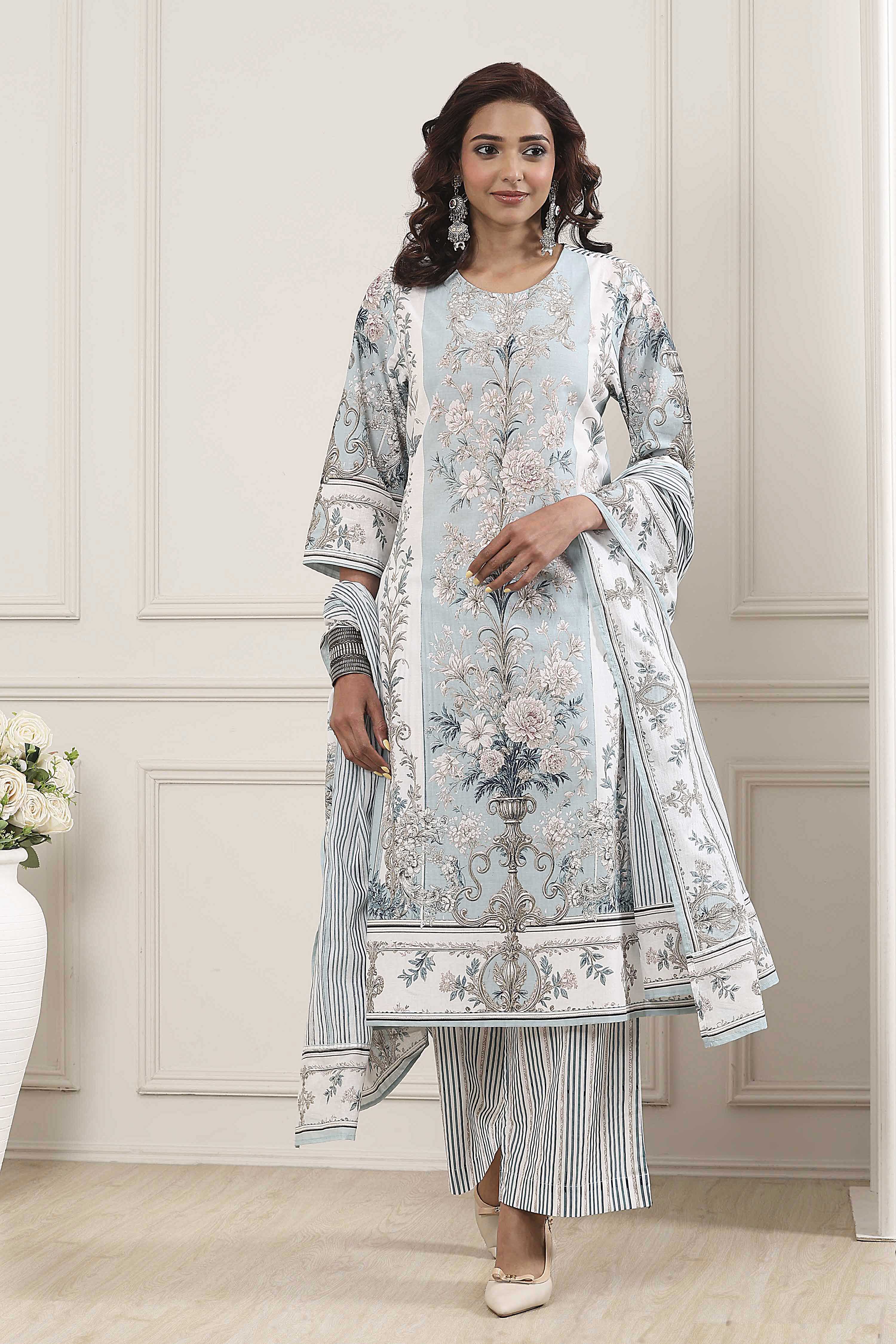 Khaki Green Cotton Floral Printed Straight Suit Set image number 6