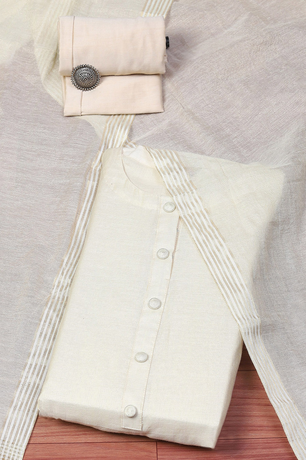 Off White Tissue Unstitched Suit set image number 0