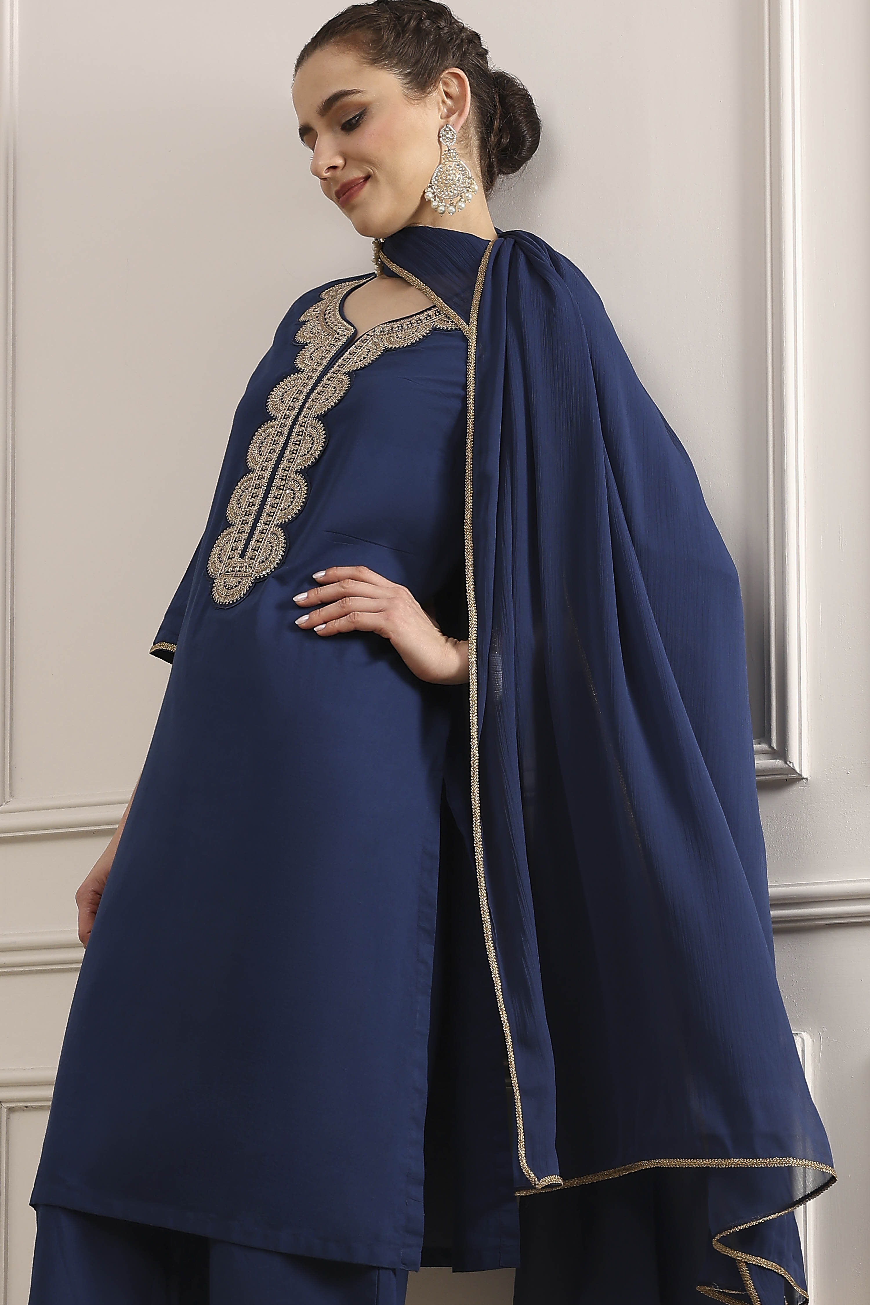 Blue Cotton Straight Dyed Suit Set image number 7