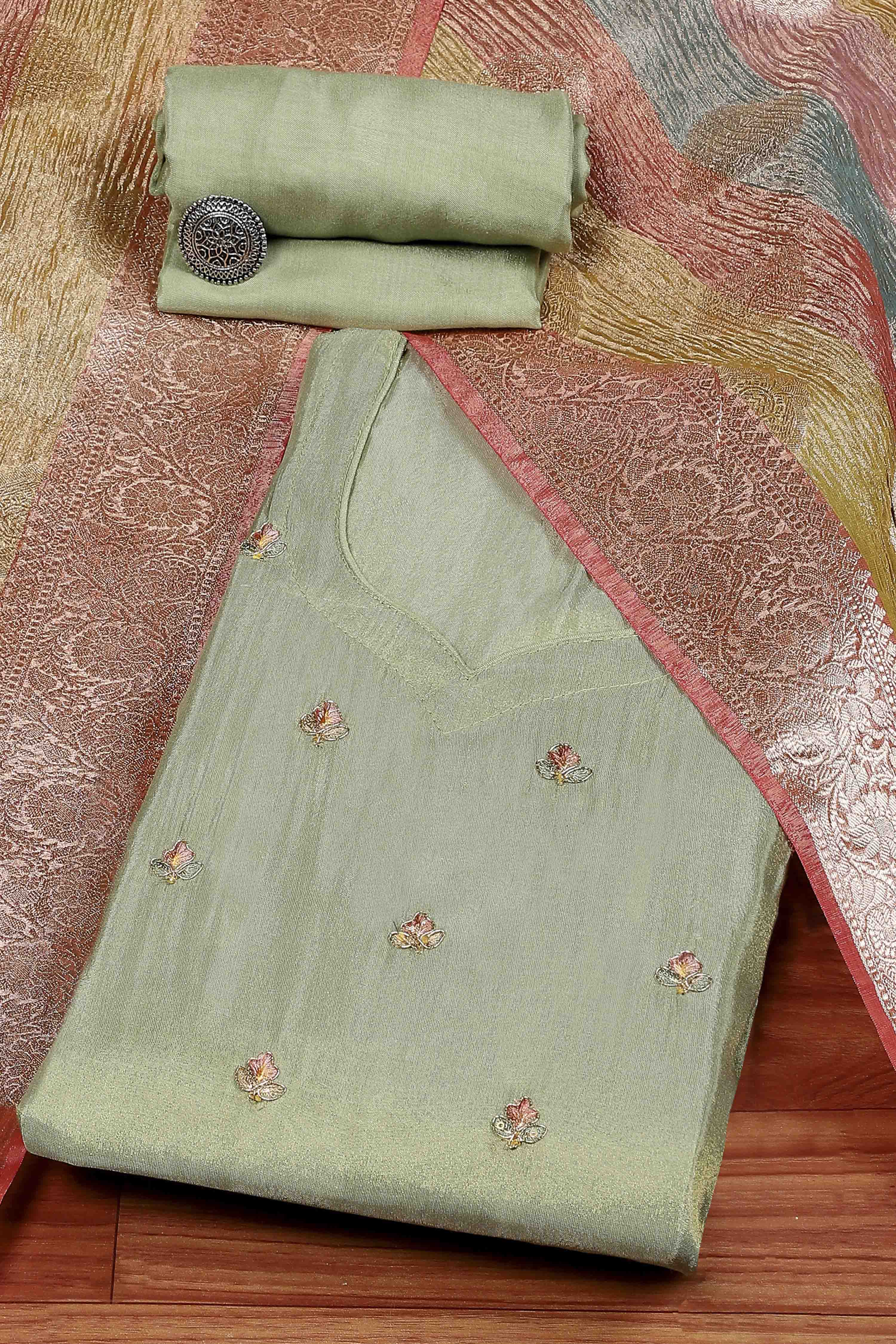 Pista Green Silk Blend Machine Embroidered Unstitched Suit Set image number 0