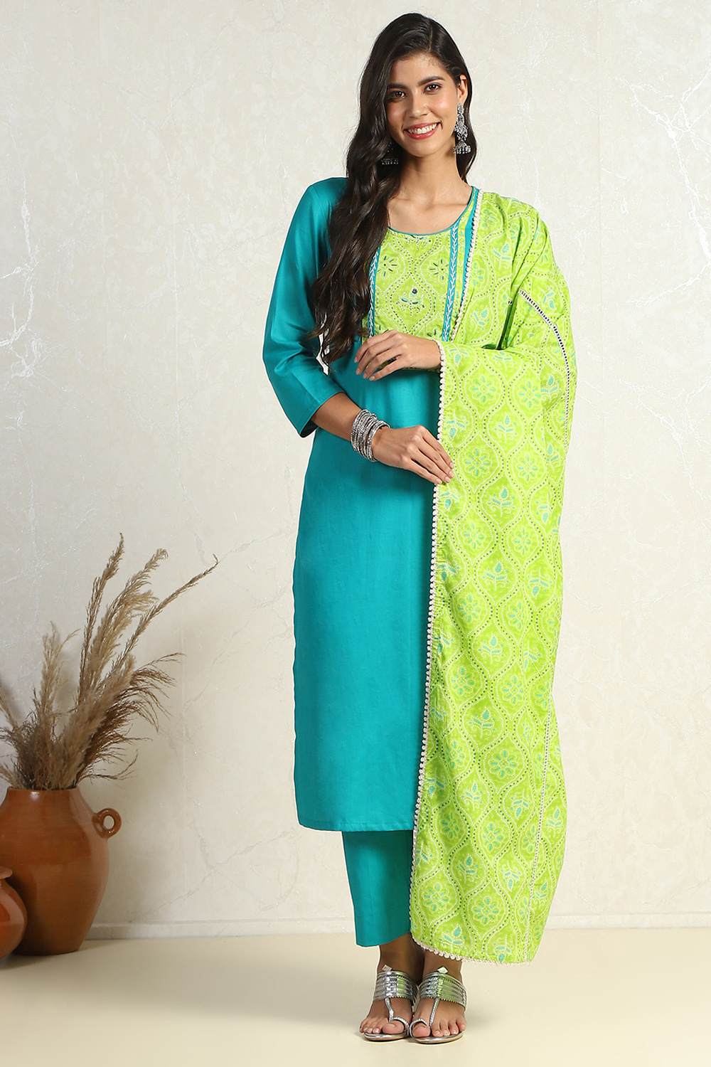 Turquoise Cotton Dyeing Unstitched Suit Set image number 7