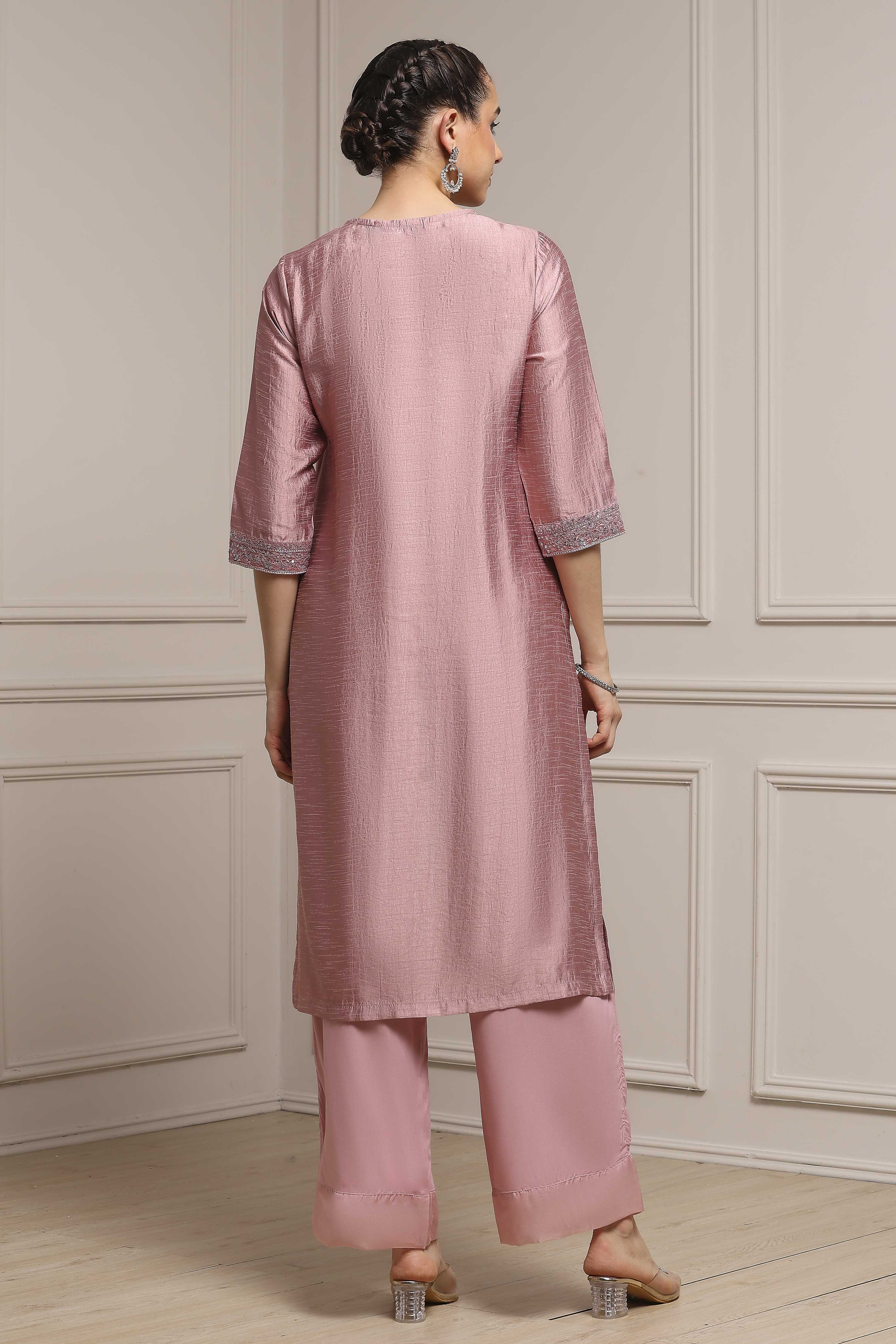 Light Green Viscose Blend Straight Dyed Suit Set image number 4