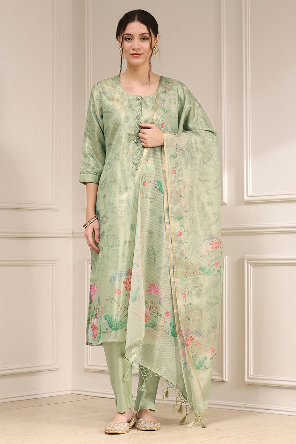 Pink Cotton Printed Unstitched Suit Set image number 1