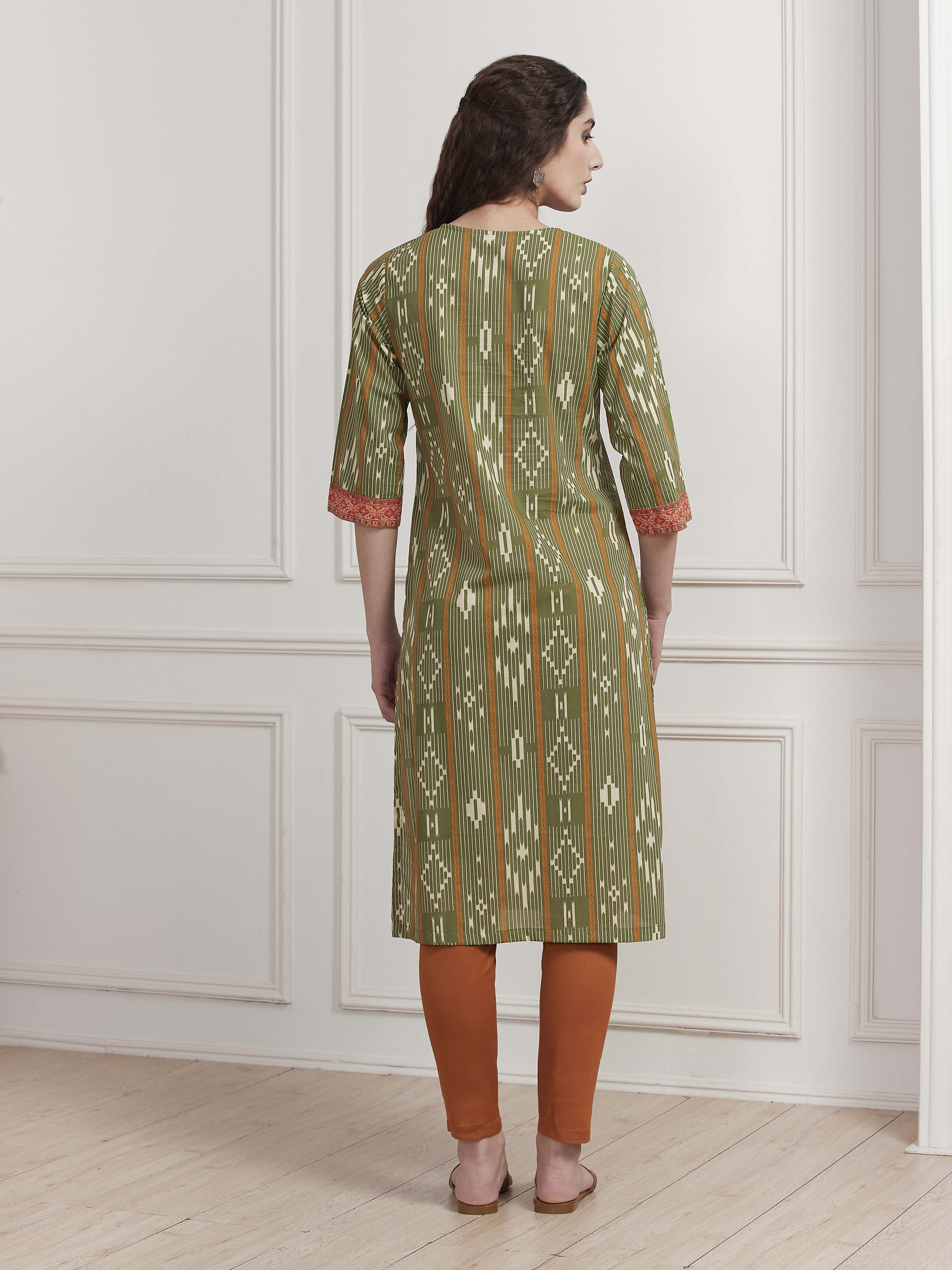 Green Cotton Printed Straight Kurta image number 3