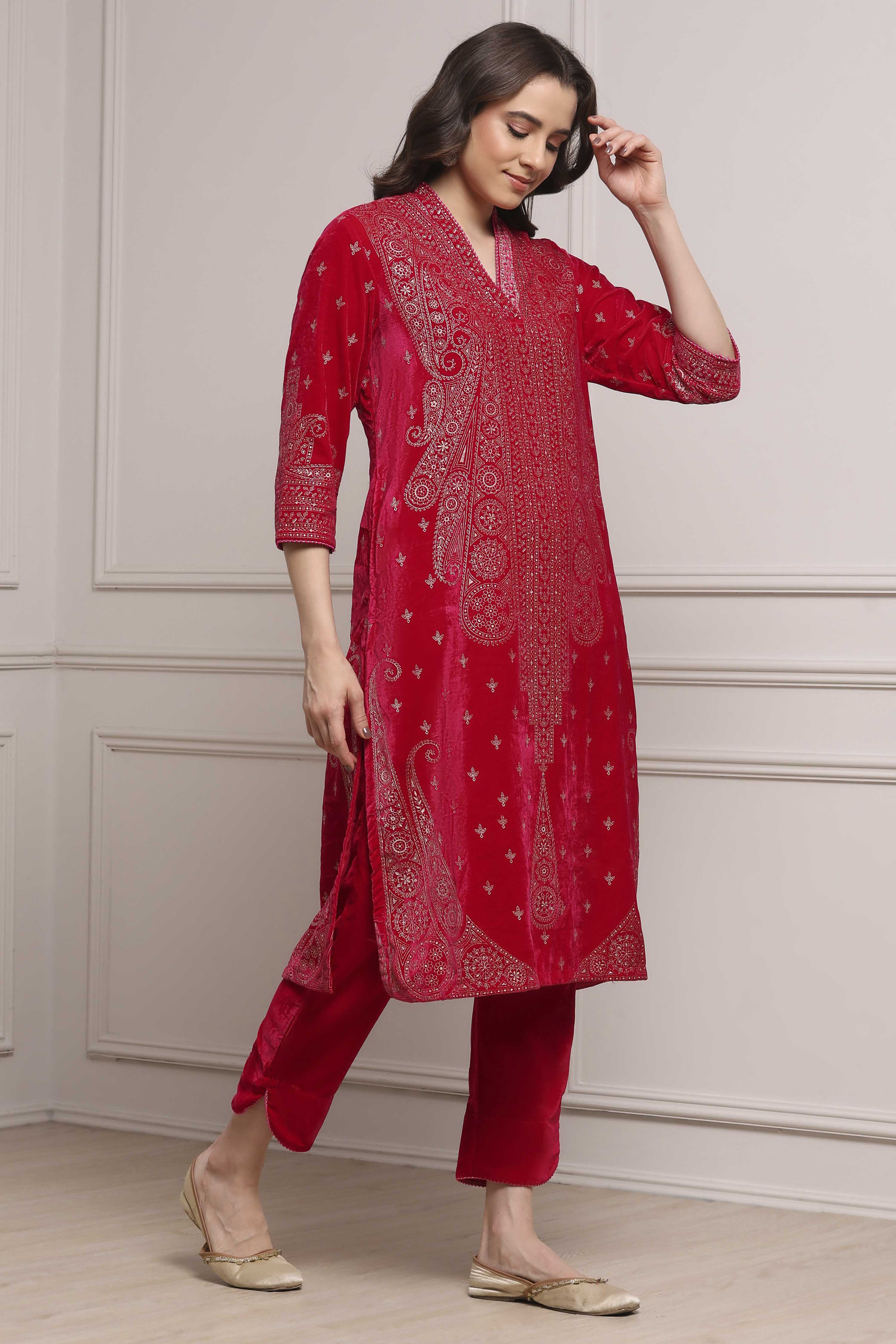 Pink Polyester Straight Printed Kurta Pants Set image number 5
