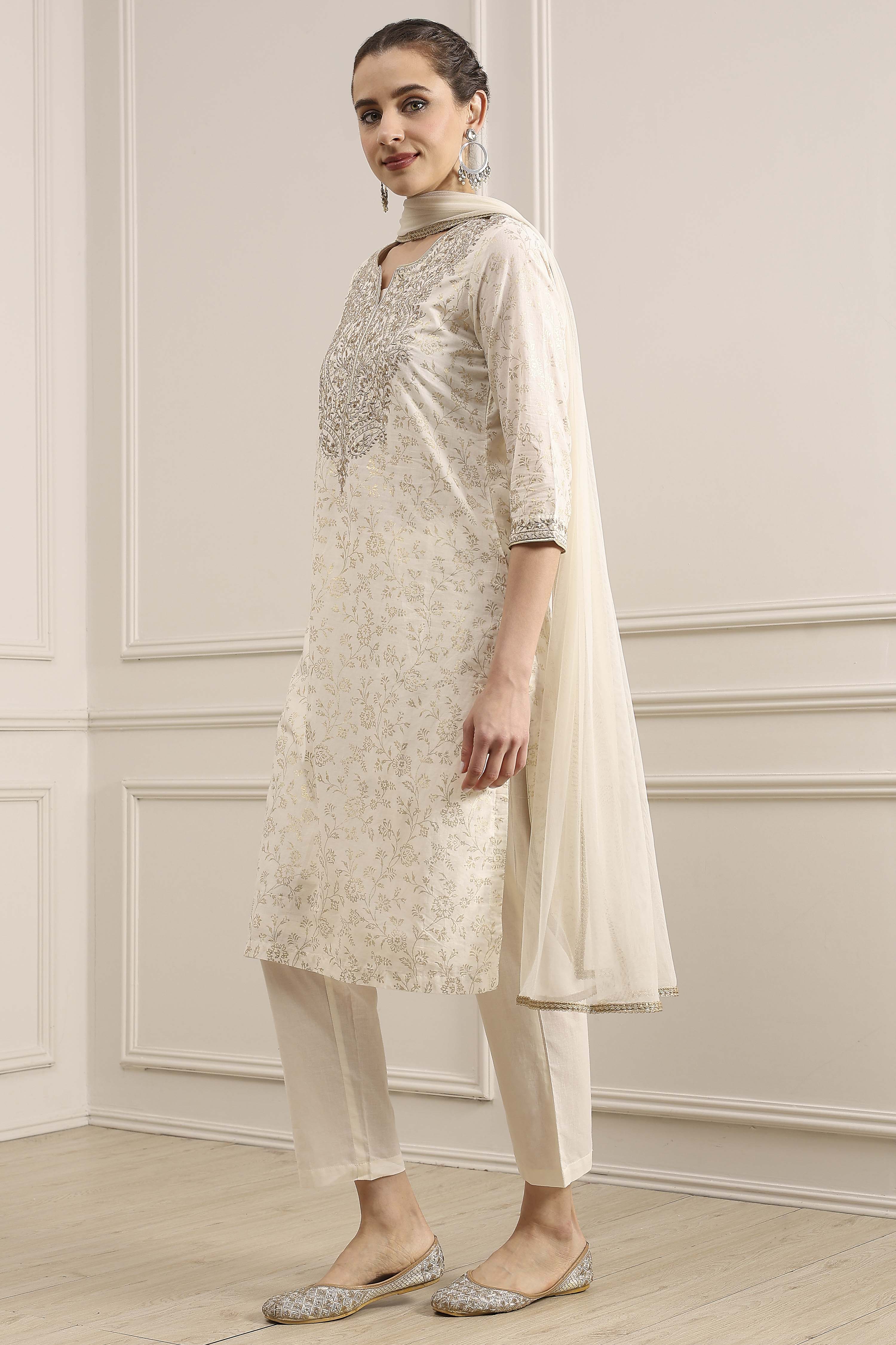 Off-White Cotton Printed Straight Suit Set image number 3