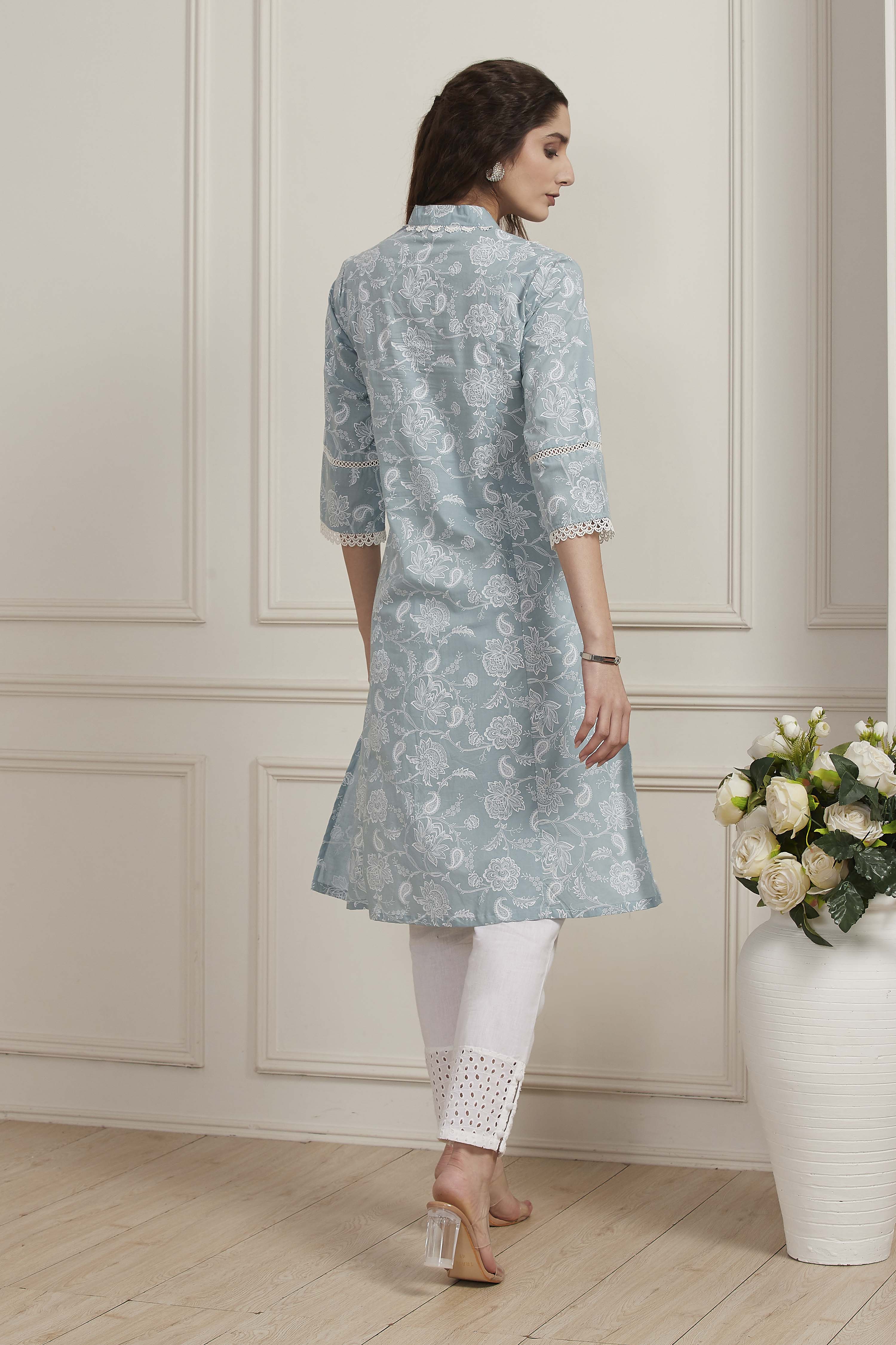 Blue Cotton Straight Kurta image number 3