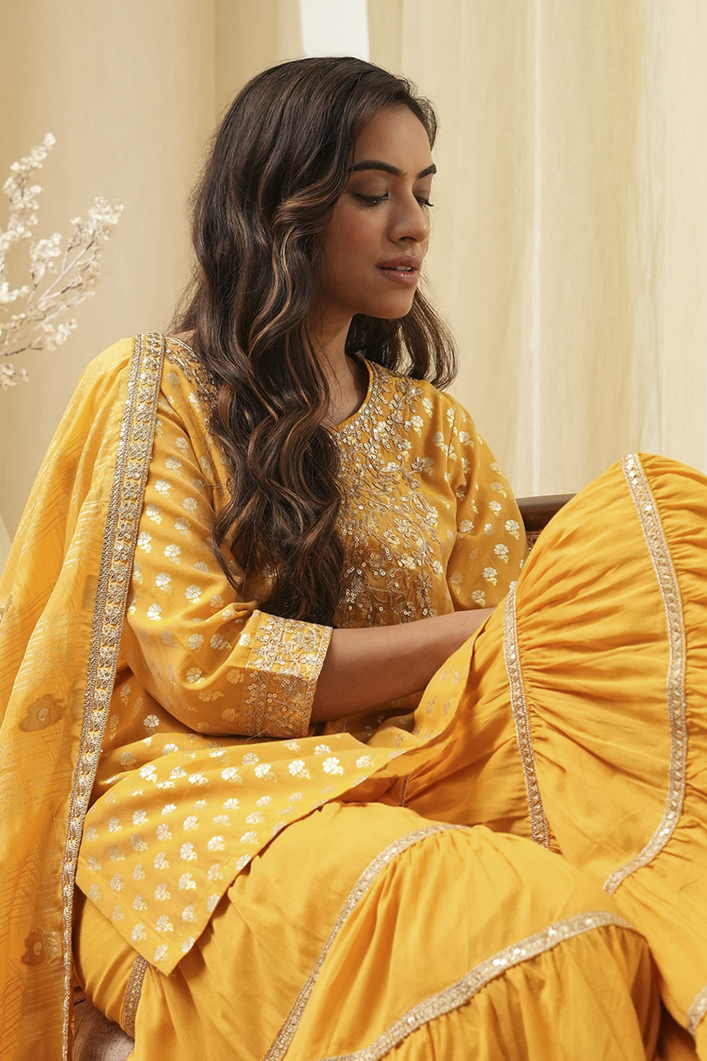 Ochre Yellow Embroidered Straight Suit Set image number 0