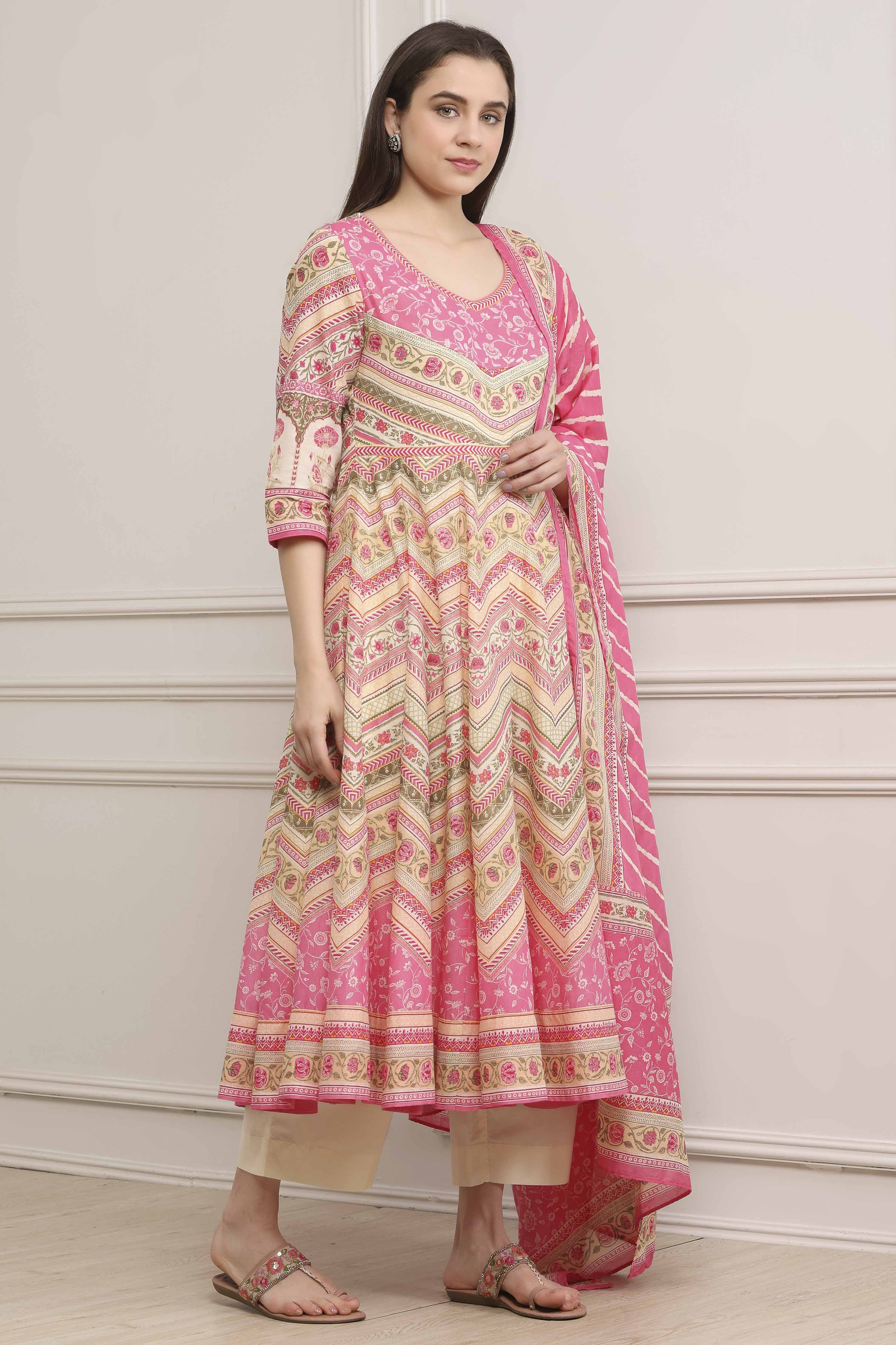 Pink Cotton Printed Anarkali Suit Set image number 5