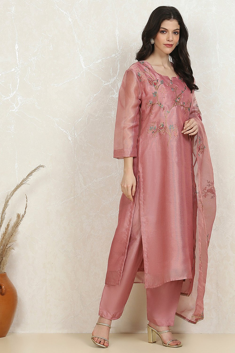 Pink Tissue Machine Embroidered Unstitched Suit Set image number 6