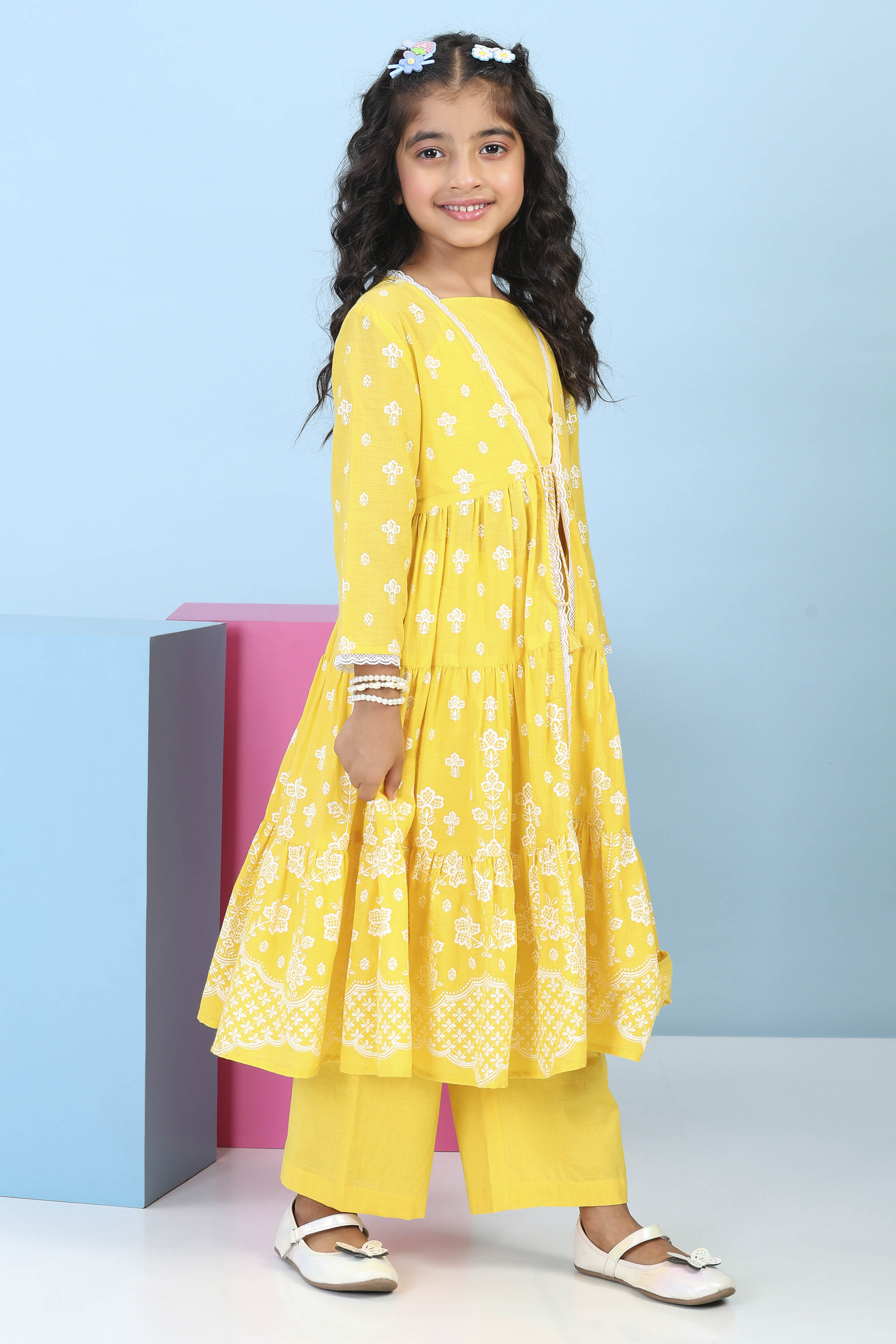 Yellow Cotton Printed Straight Suit Set image number 4