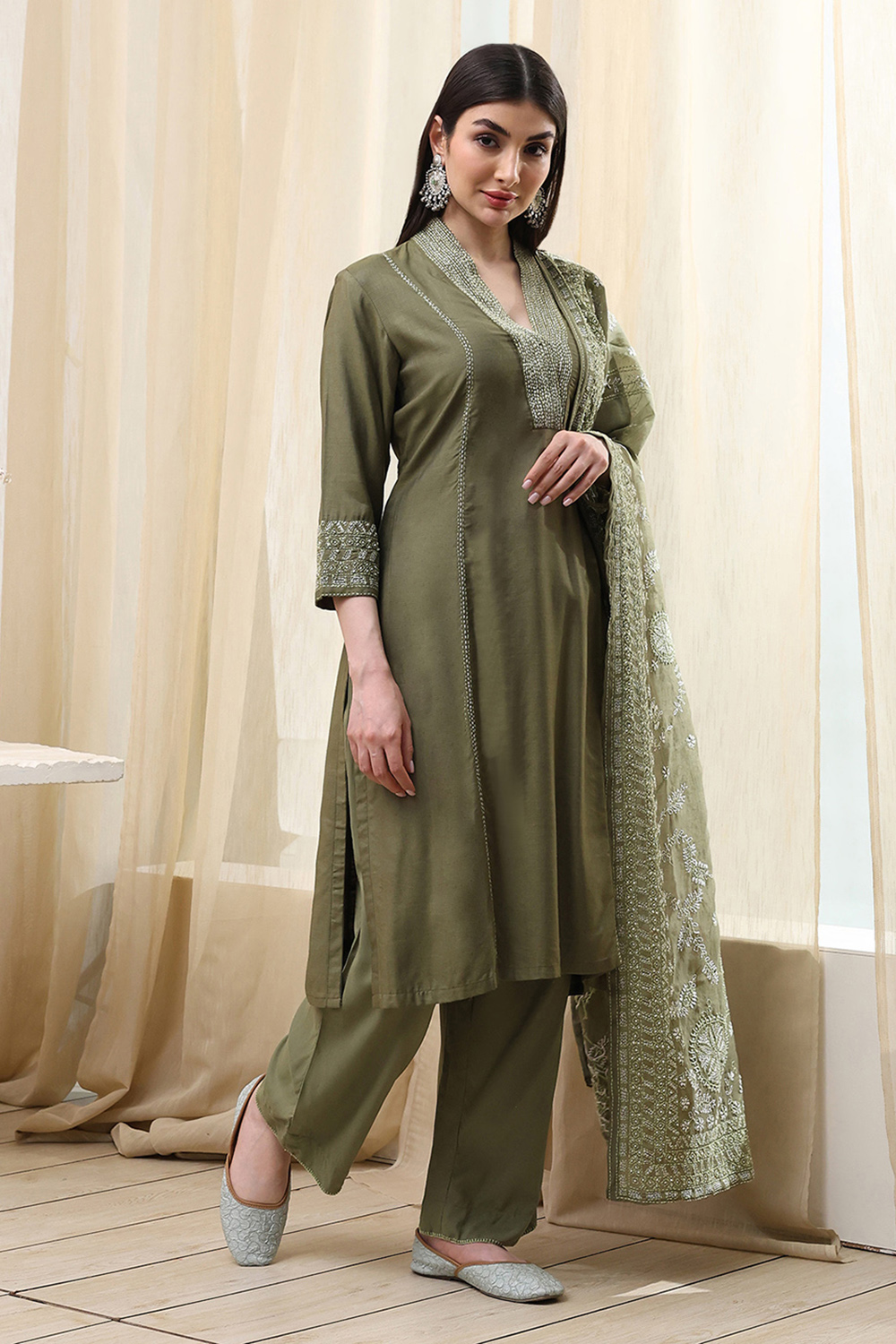 Sage Green Cotton Blend Straight Kurta Palazzo Suit Set image number 5