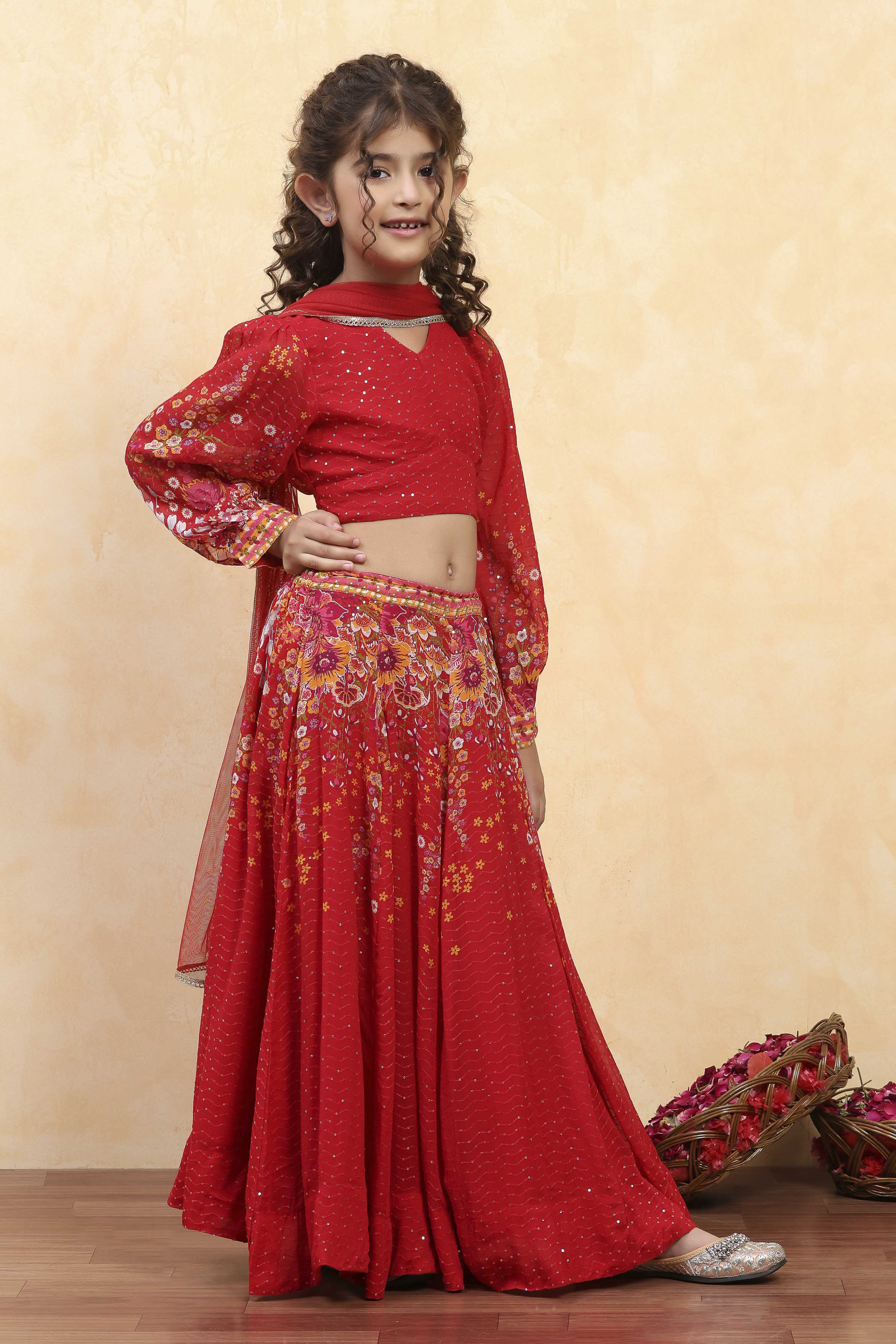 Red Viscose Rayon Printed Kalidar Lehenga Set image number 5